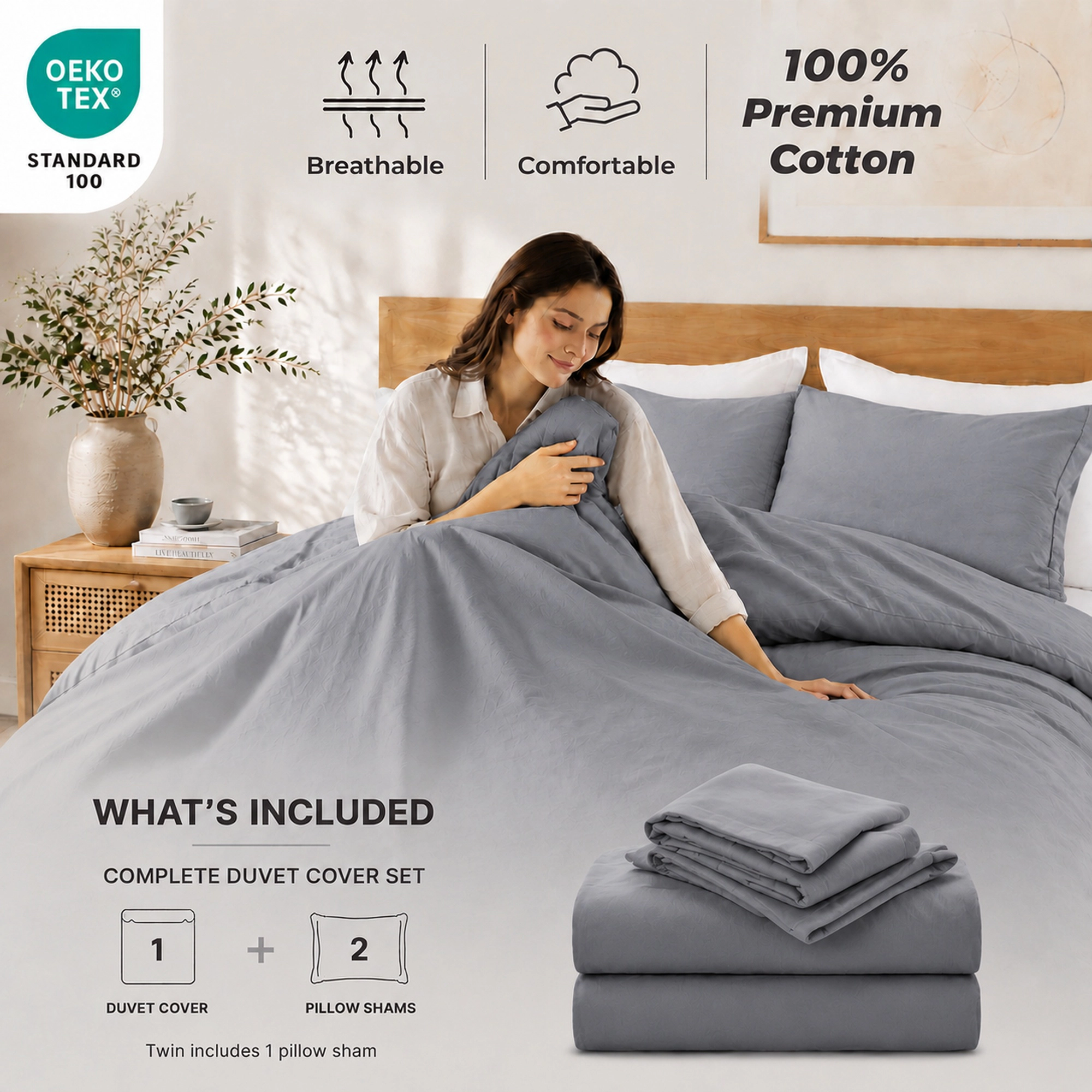 PEACENEST 100% Cotton Duvet Cover Set, Soft Breathable Lightweight Bedding Set