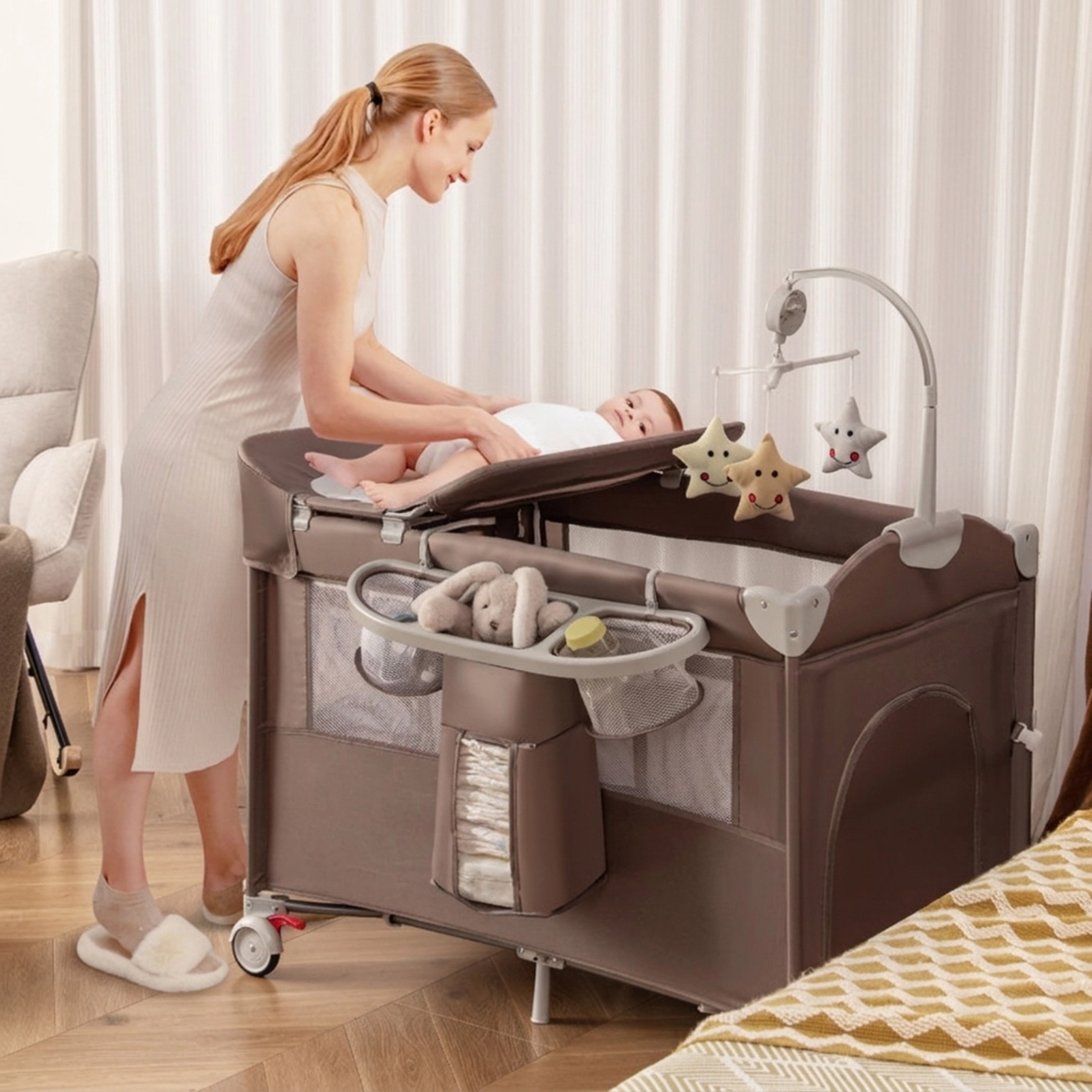 SUGIFT 5-in-1 Pack and Play Baby Bedside Sleeper with Diaper Changing Table Music Box and Storage Shelf