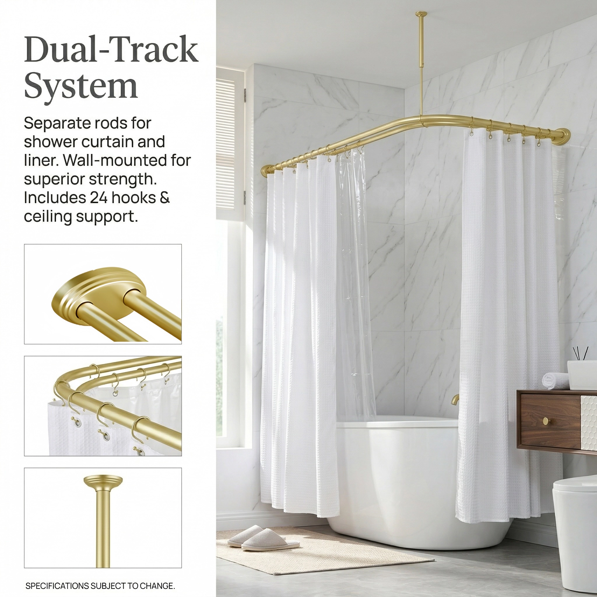 Utopia Alley Rustproof Aluminum Double L Shaped Shower Curtain Rod 72"Lx31.7"W, with 24 Hooks & Ceiling Support
