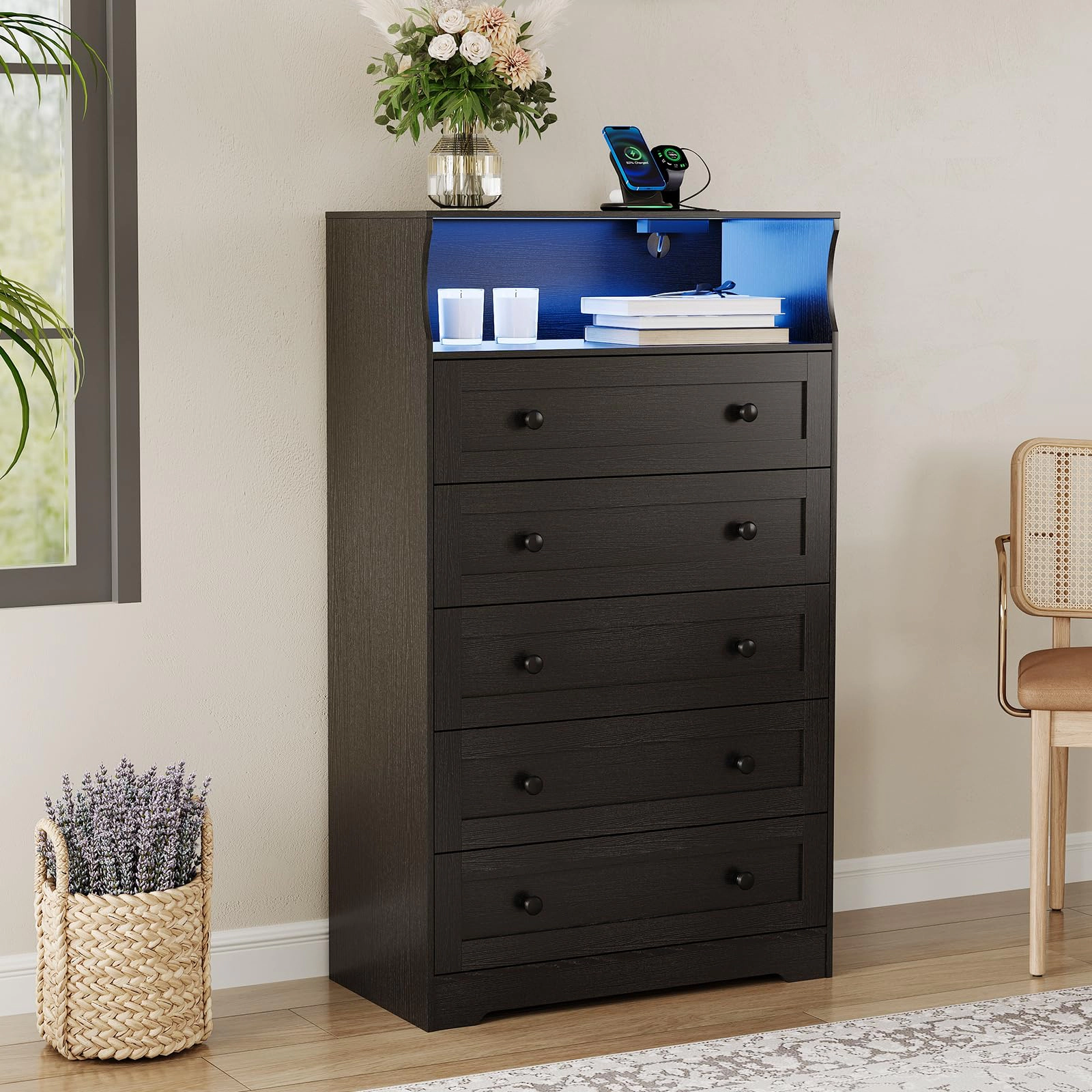53.1" Tall 5 Drawer Dresser with LED Shelf & Charging Station, Wood Storage Chest