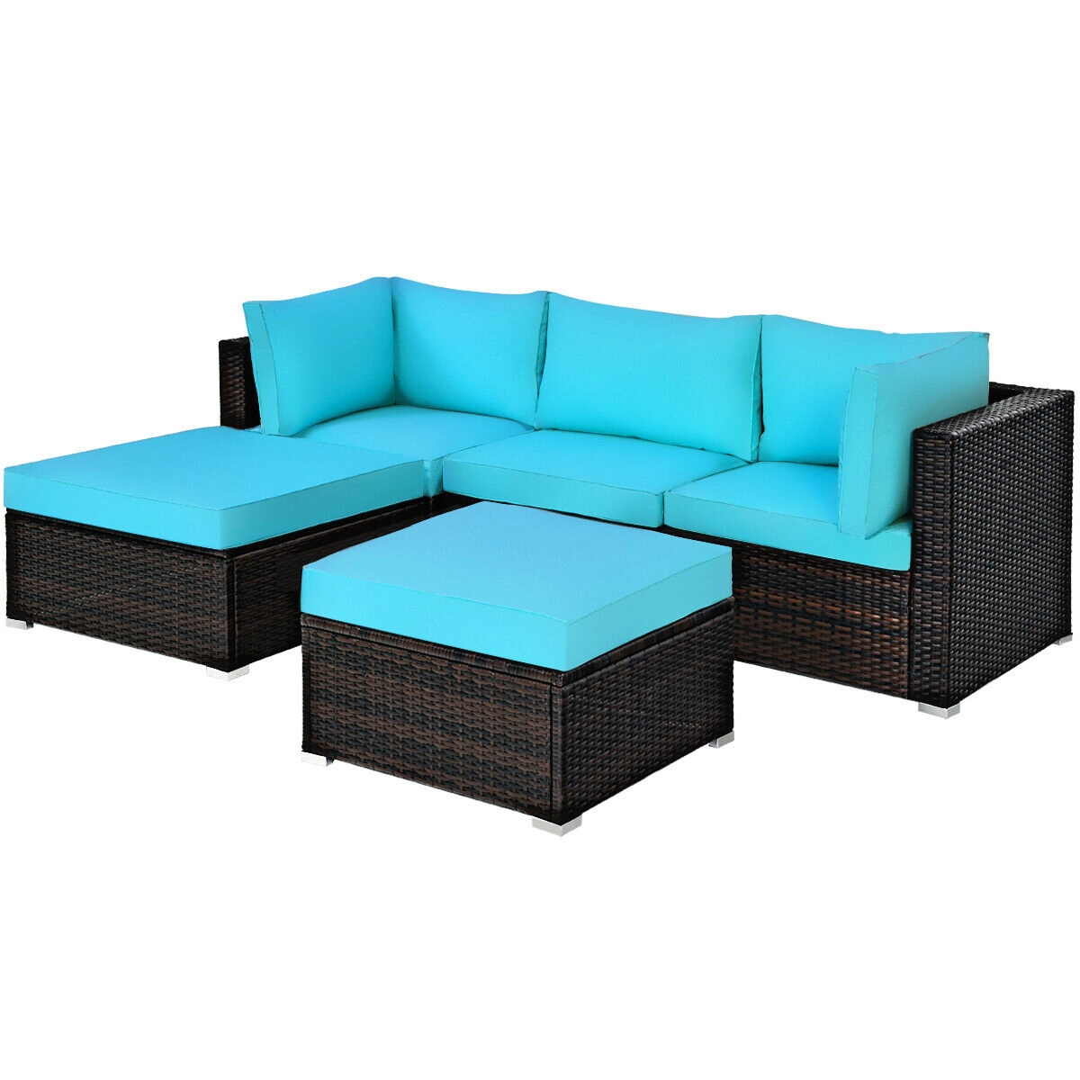 LJG 5 Pieces Patio Rattan Sectional Conversation Ottoman Furniture Set