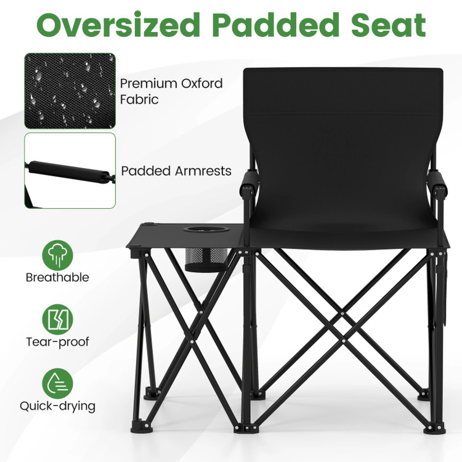 SUGIFT Black Oversized Camping Chair with Side Table and 2 Storage Pockets 32.5-in W 21.5-in D 330-lb Seat Capacity