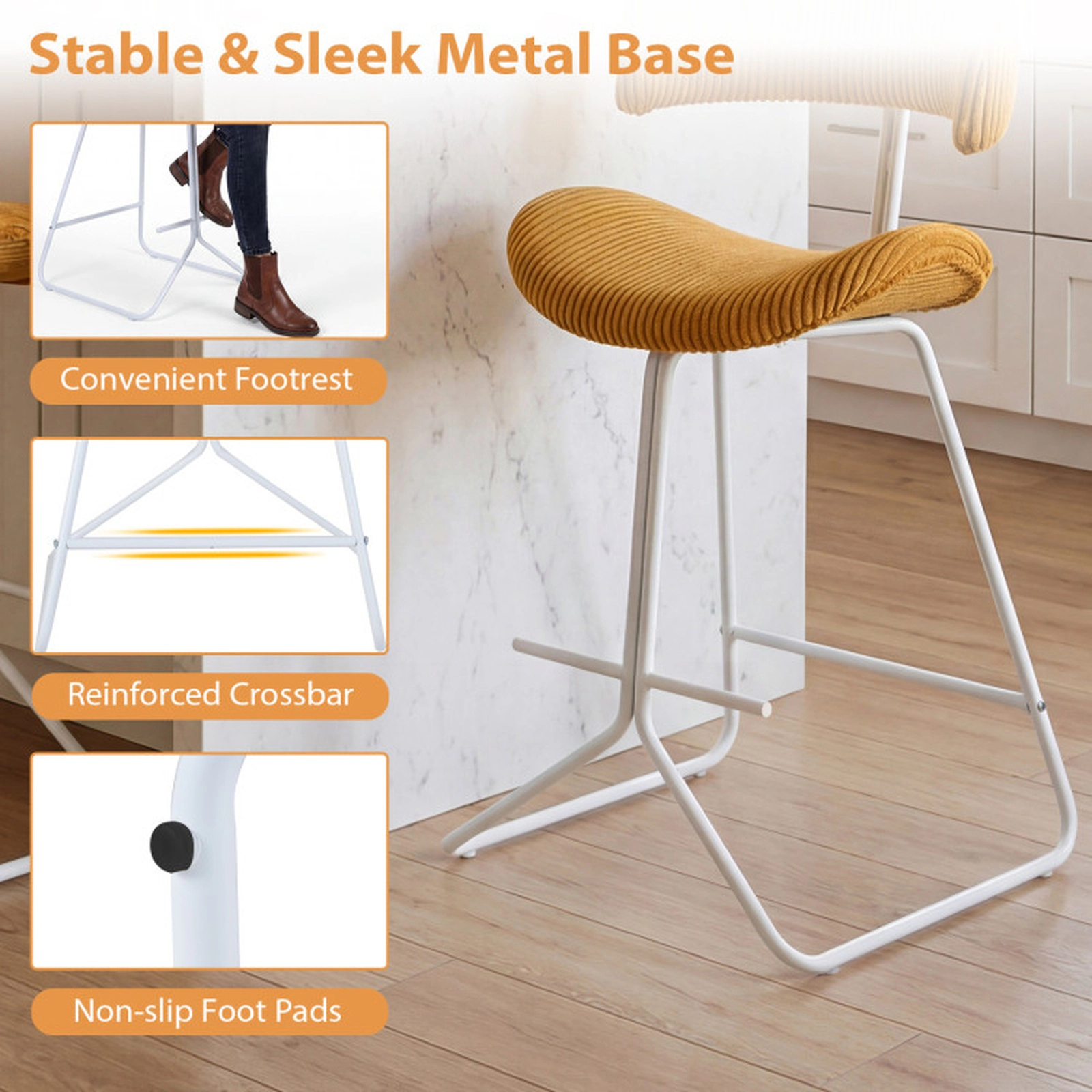 SUGIFT Orange Corduroy Padded Seat Set of 2 Counter Height 25 Inch Armless Bar Stools