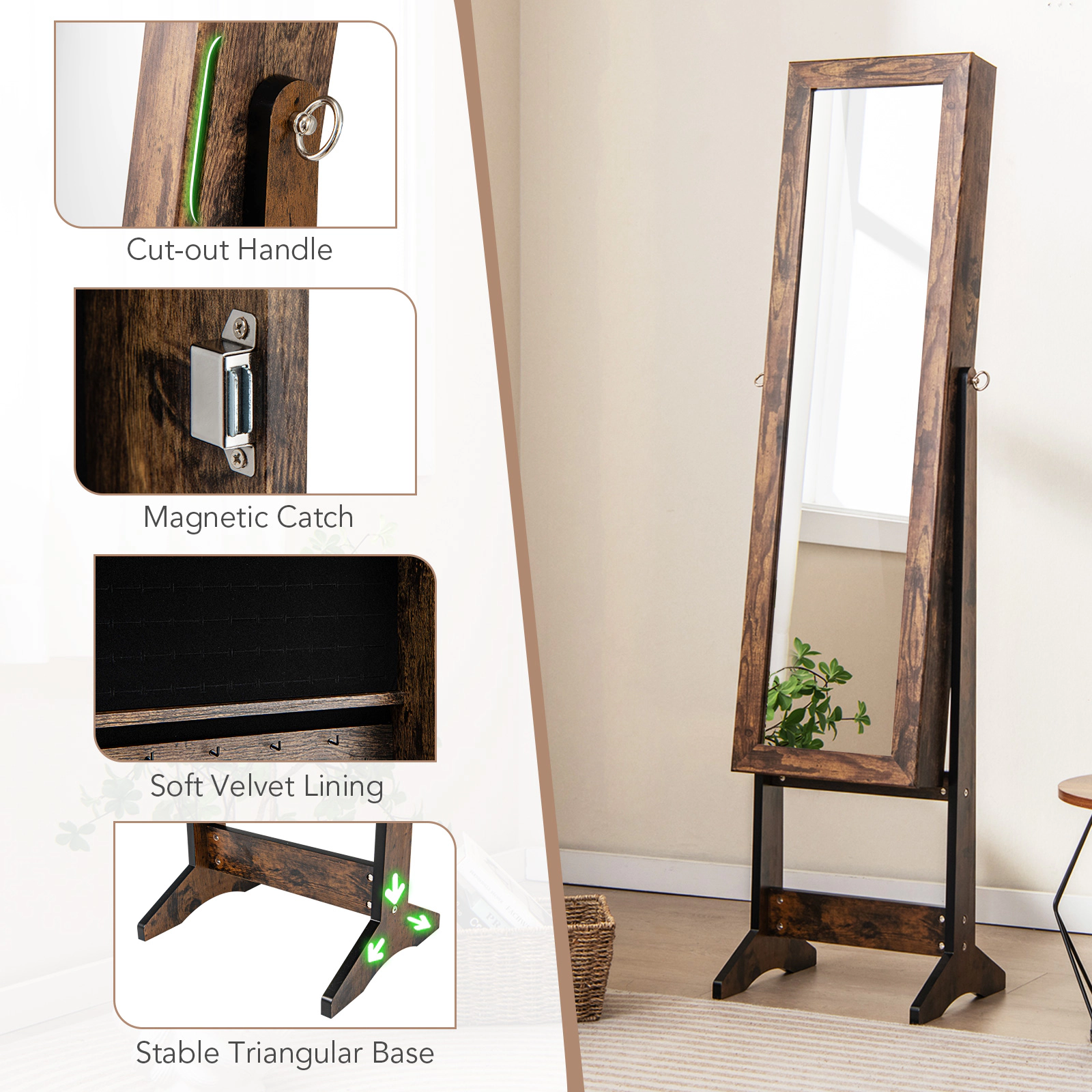 SUGIFT Mirrored Standing Jewelry Cabinet Storage Box 56-in Tall Dressing Mirror MDF Frame 13 x 14.5 x 56 in Brown