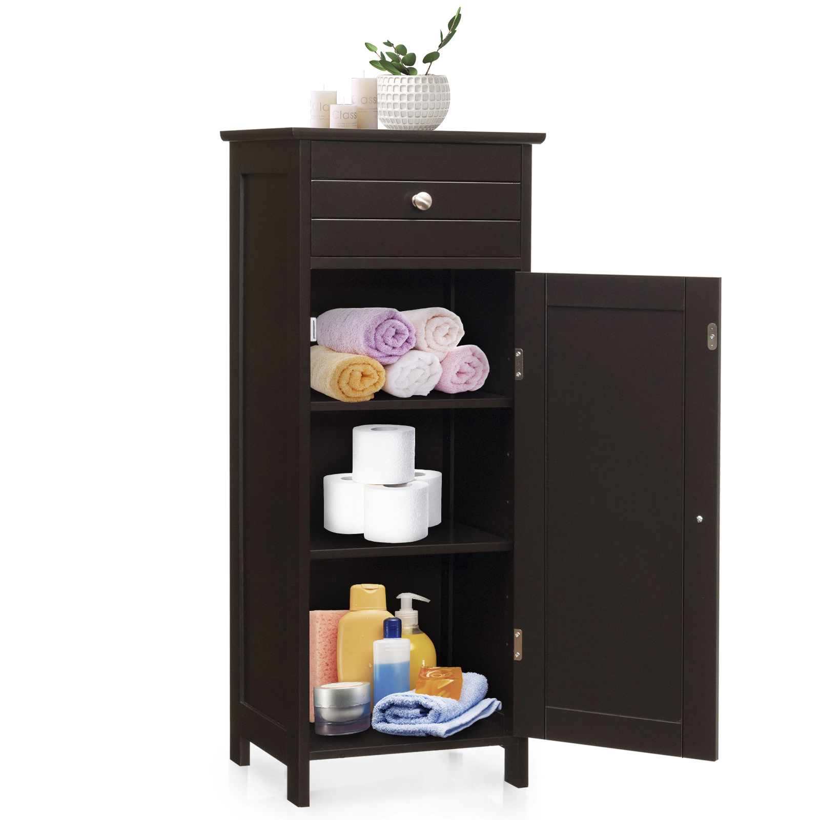 SUGIFT Wooden Storage Free-Standing Floor Cabinet with Drawer and Adjustable Shelves 132-lb Capacity Brown