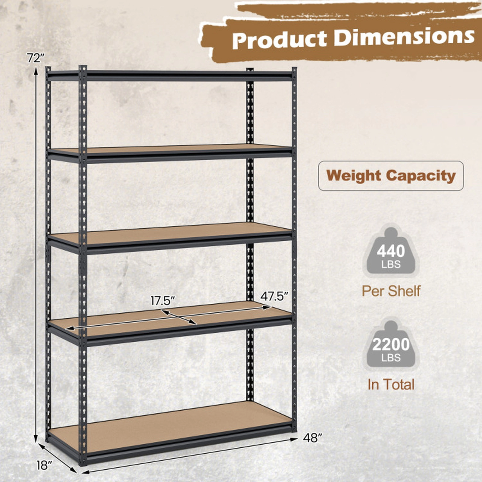 SUGIFT Adjustable 5-Tier Metal Garage Shelving Unit 440-lb Capacity Per Shelf 2200-lb Total 60-in Tall Black Set of 2