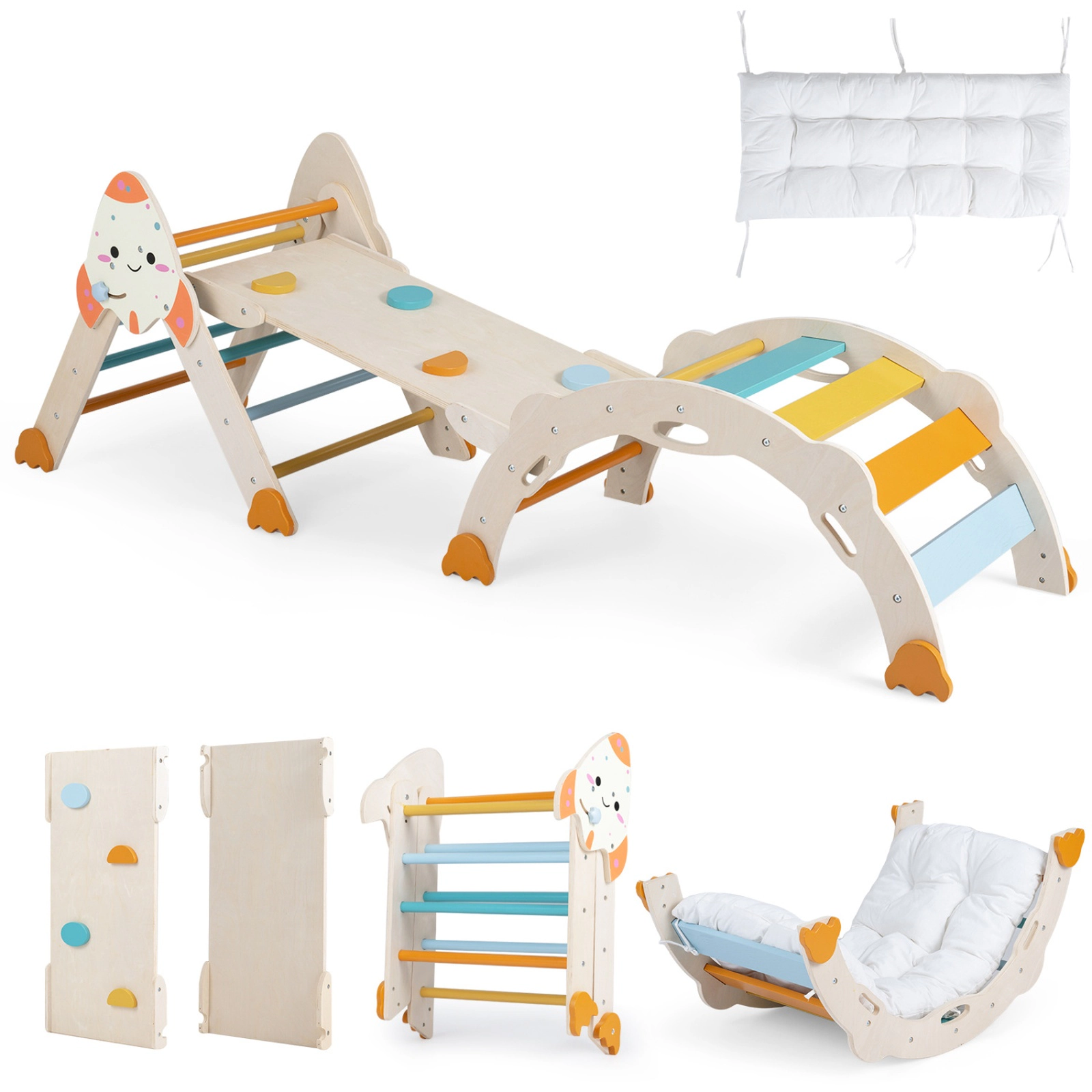 SUGIFT Macaron Rocket Themed Foldable Kids Climber with Triangle Arch and Balance Bridge 34-in W 19-in D 31.5-in H