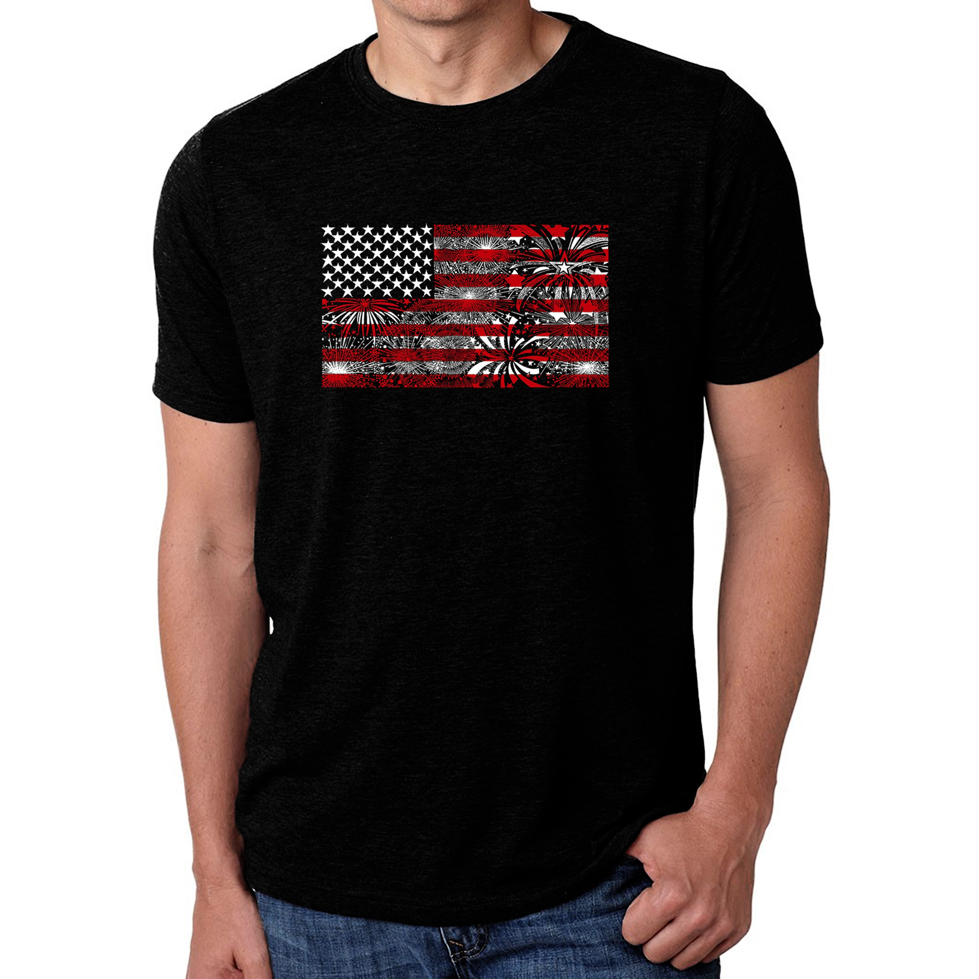 LA Pop Art Men's Cotton/Poly Word T-Shirt - Fireworks American Flag