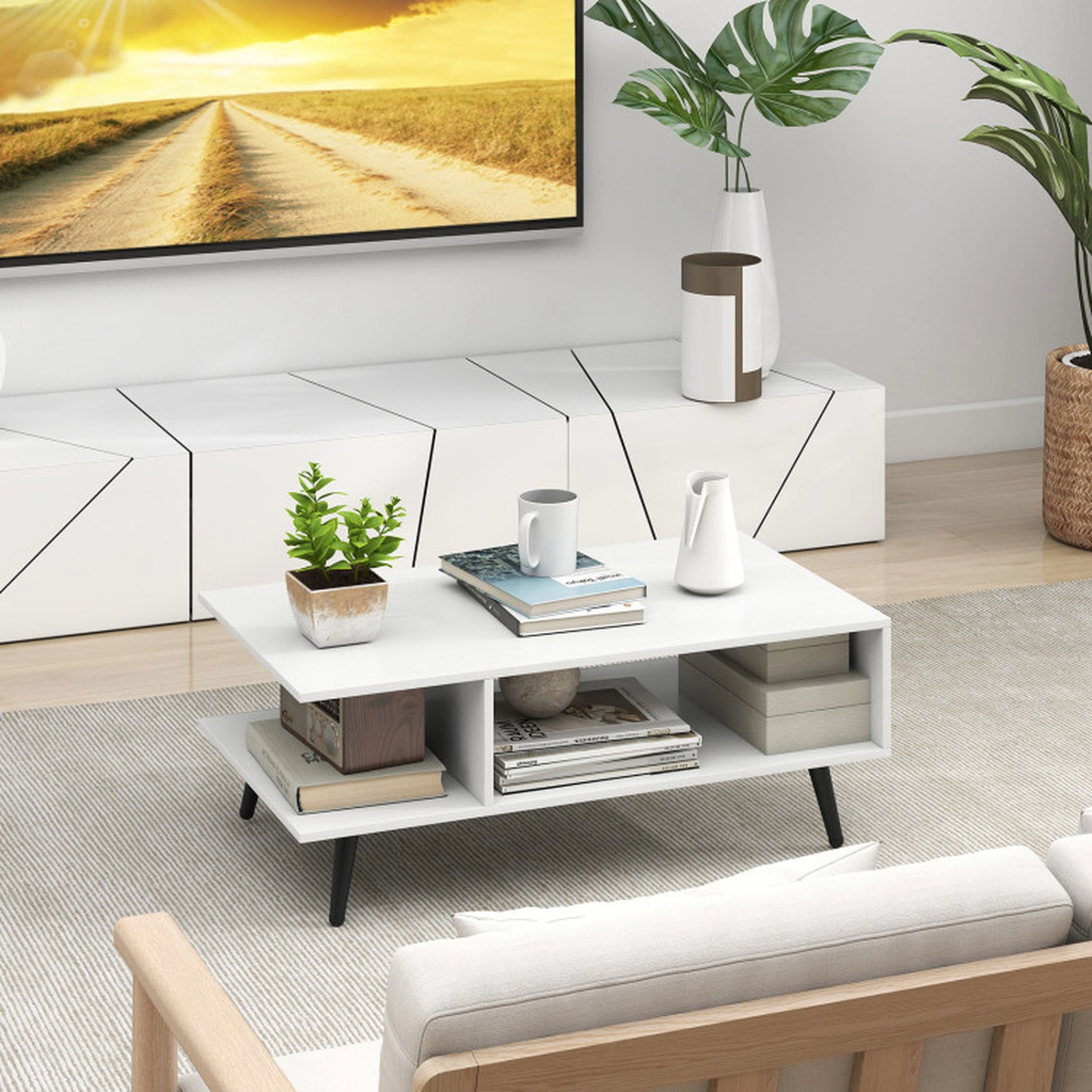 SUGIFT 110-lb Capacity Mid Century Modern White Rectangle Coffee Table with 2 Open Compartments
