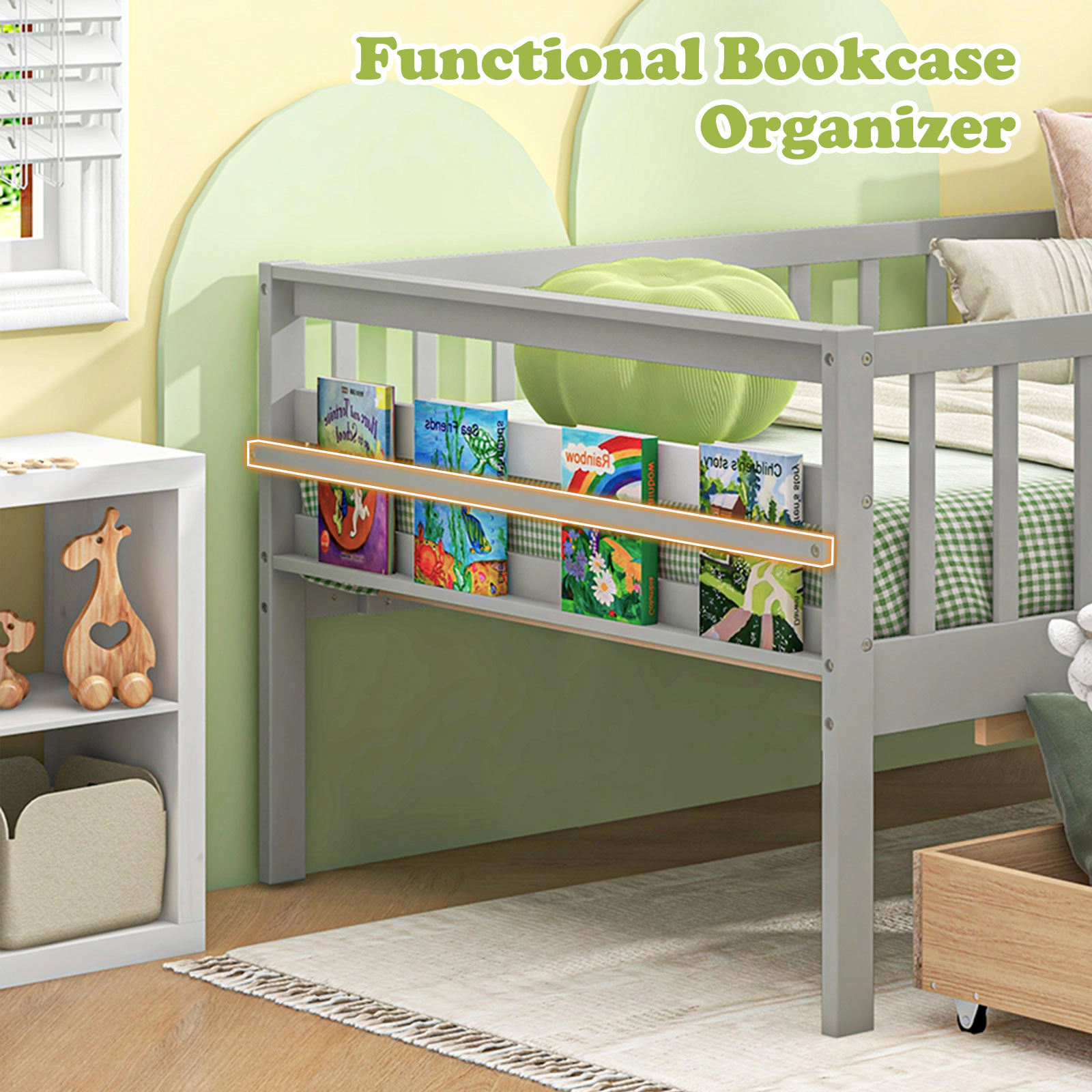 SUGIFT Gray Fence and 2 Storage Drawers for Boys and Girls Twin Kids Daybed