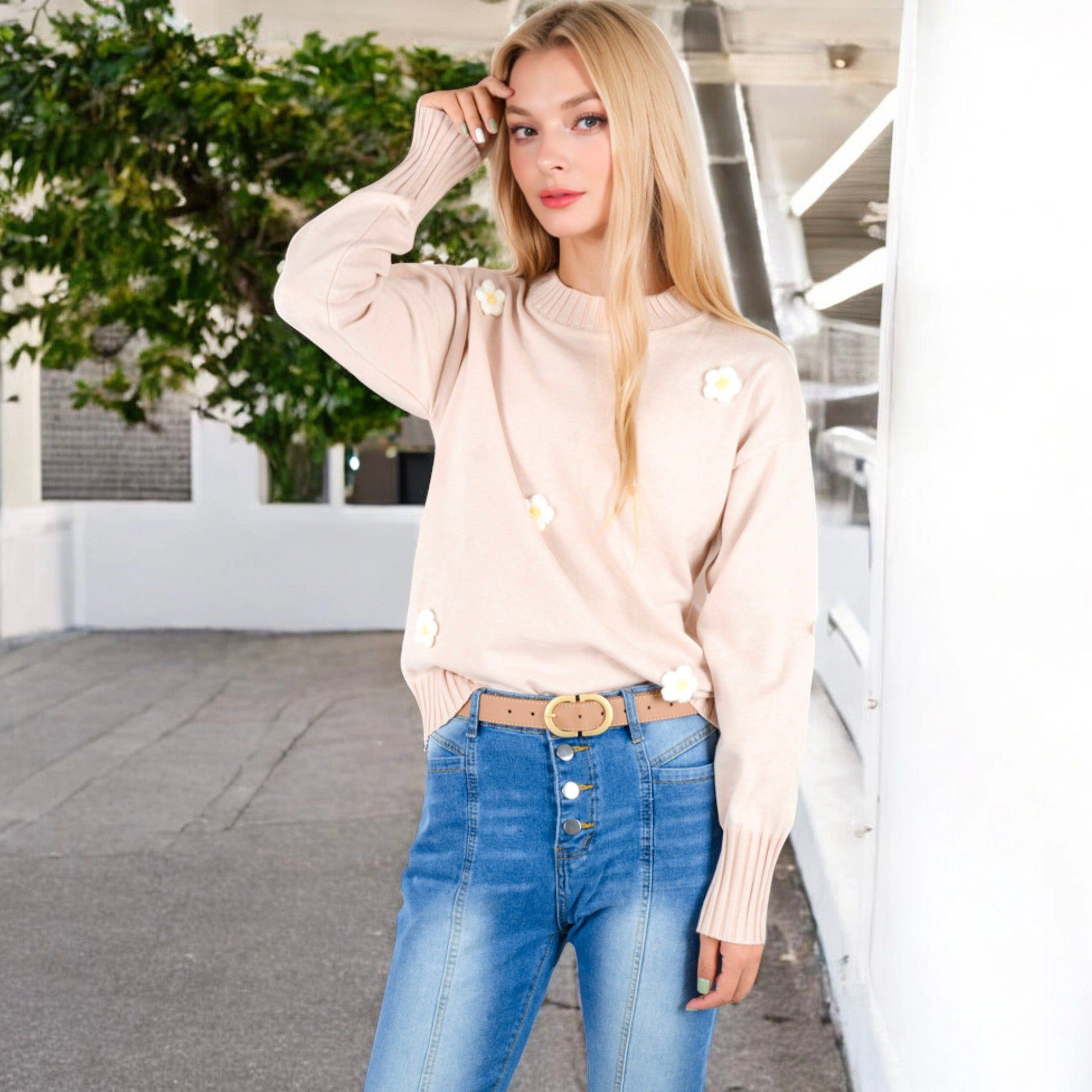 Anna-Kaci Women's Knit Pullover Sweater with Embroidered 3D Floral Appliques for Everyday Wear