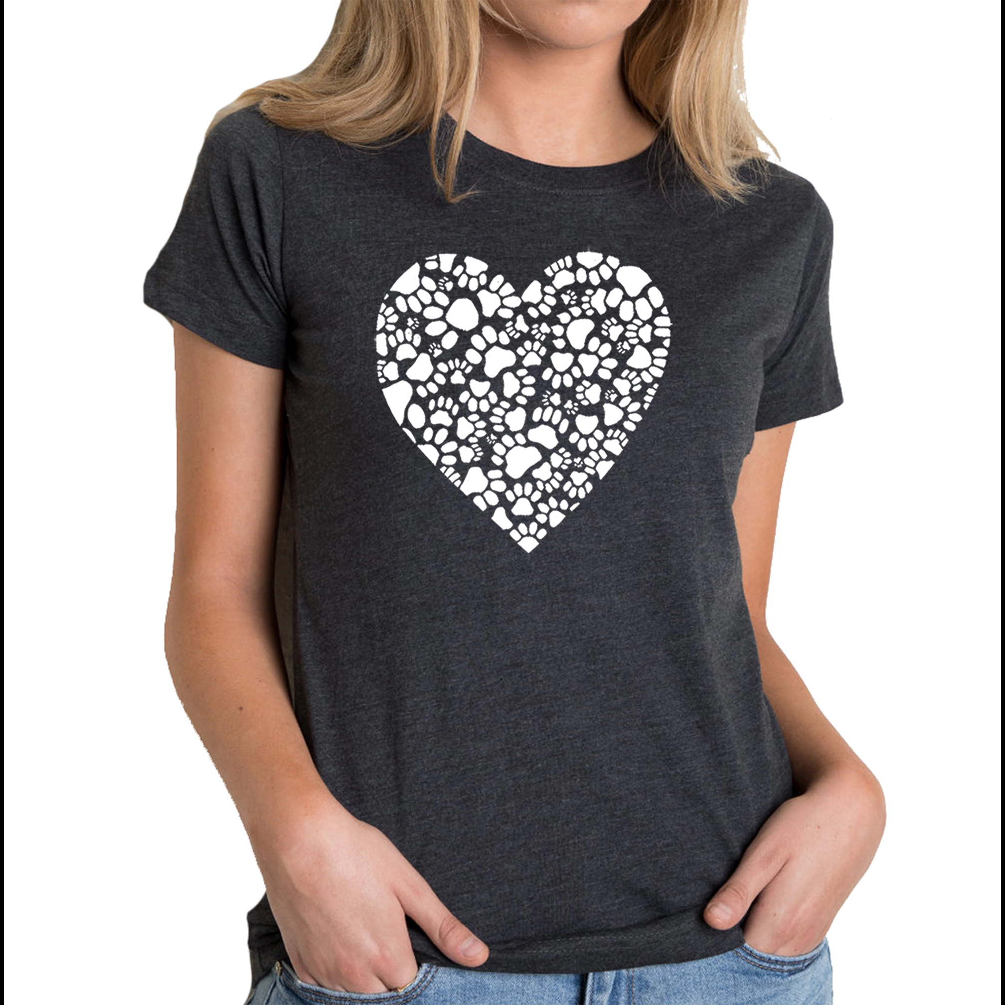 LA Pop Art Women's Cotton/Poly Blend Word TShirt - Paw Prints Heart