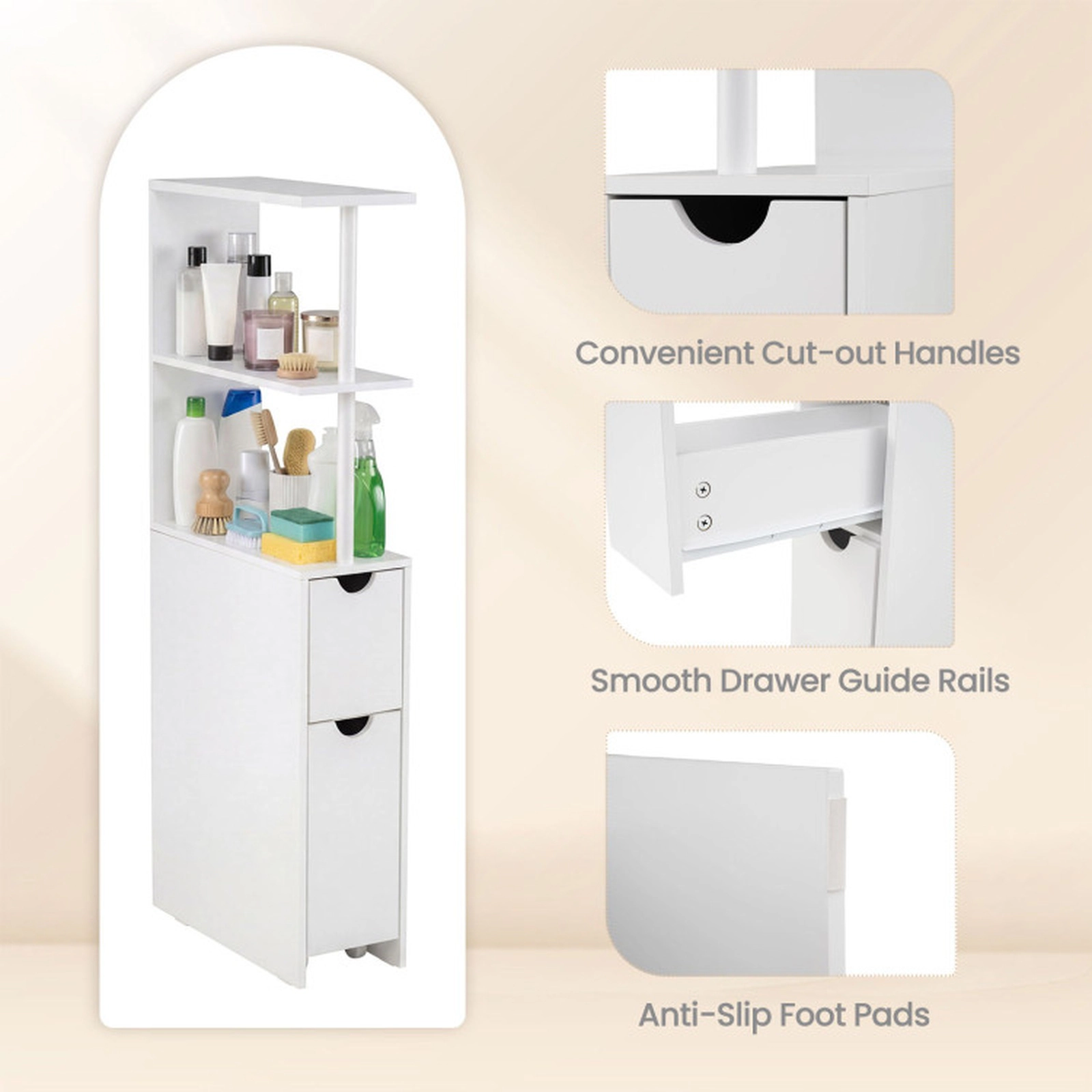 SUGIFT Slim 3 Open Shelves Drawer Slide-Out Cart Bathroom Storage Cabinet 18-in x 8-in x 45-in 66-lb Capacity White