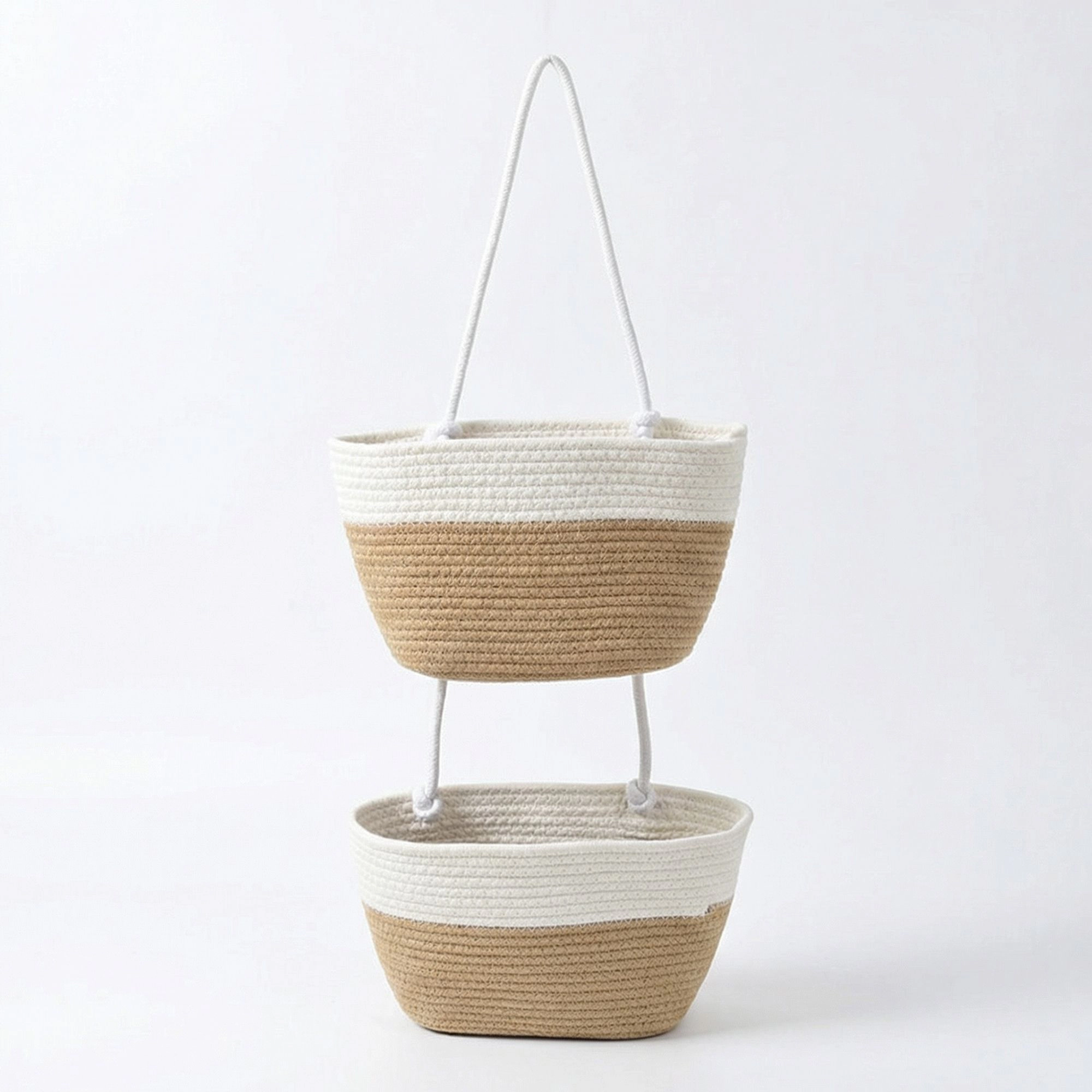 Alilang Unisex 2 Tier Hanging Storage Basket Cotton Rope Wall Organizer Modern Neutral