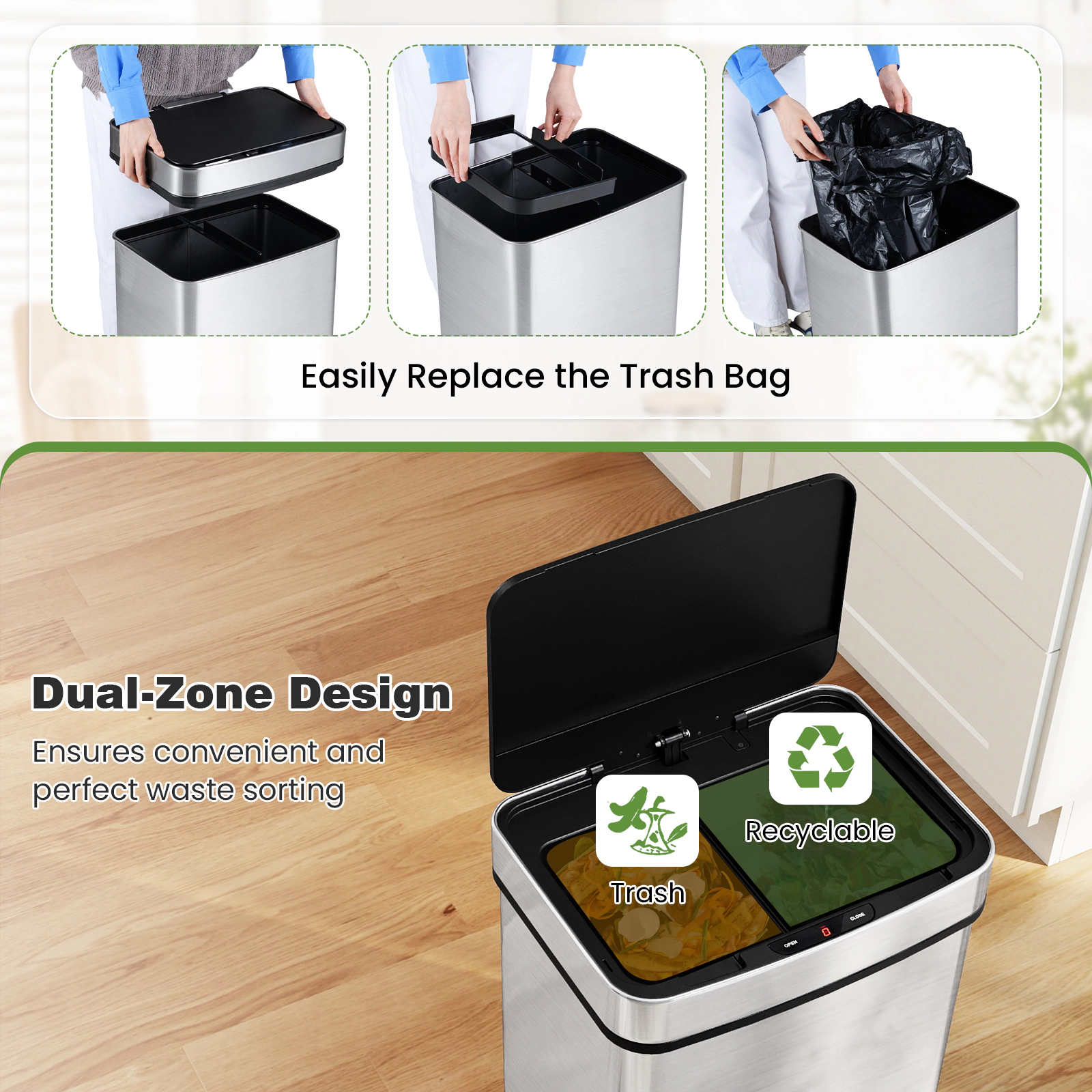 Hivvago 16 Gallon Trash Can Infrared Motion Sensor Garbage Can with Dual Compartments