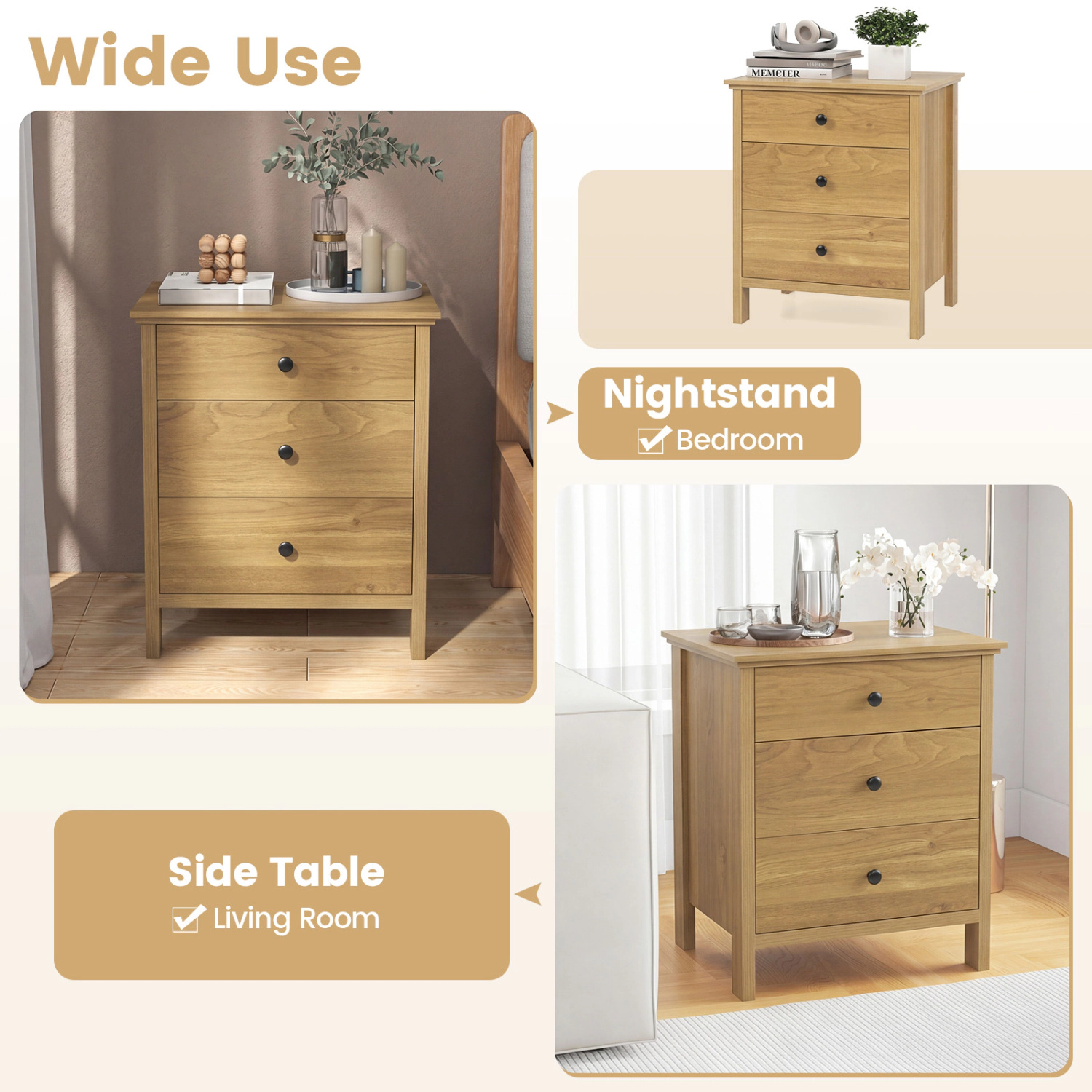 Glintex 3-Drawer Wooden Nightstand with 135-Lb Tabletop and Low-Noise Slides, Natural