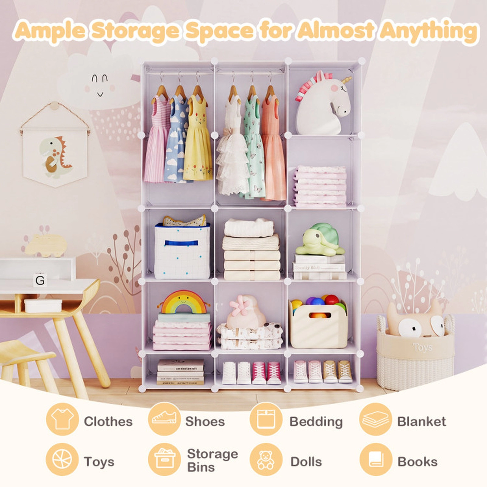 SUGIFT Kids 13-Cube Stackable Hanging Rods Modular Wardrobe Closet 43-in x 14-in x 63-in 6.5-lb per Cube White