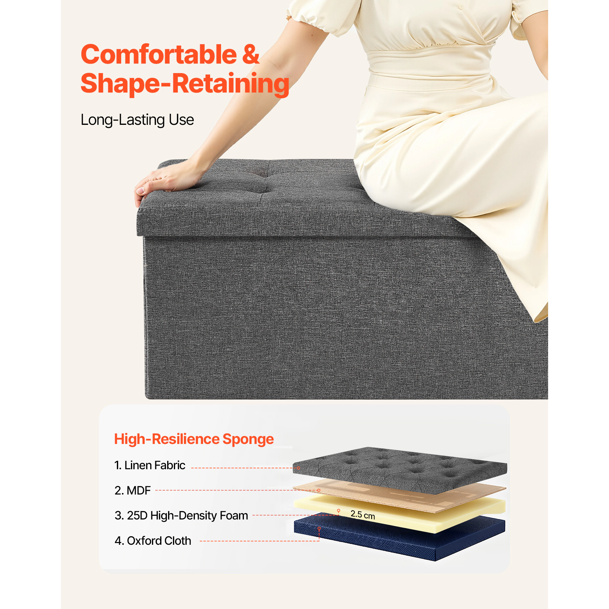 HONGGE Foldable Storage Ottoman Bench End of Bed Bench with Side Bags Folding Upholstered Storage Chest Supports 660