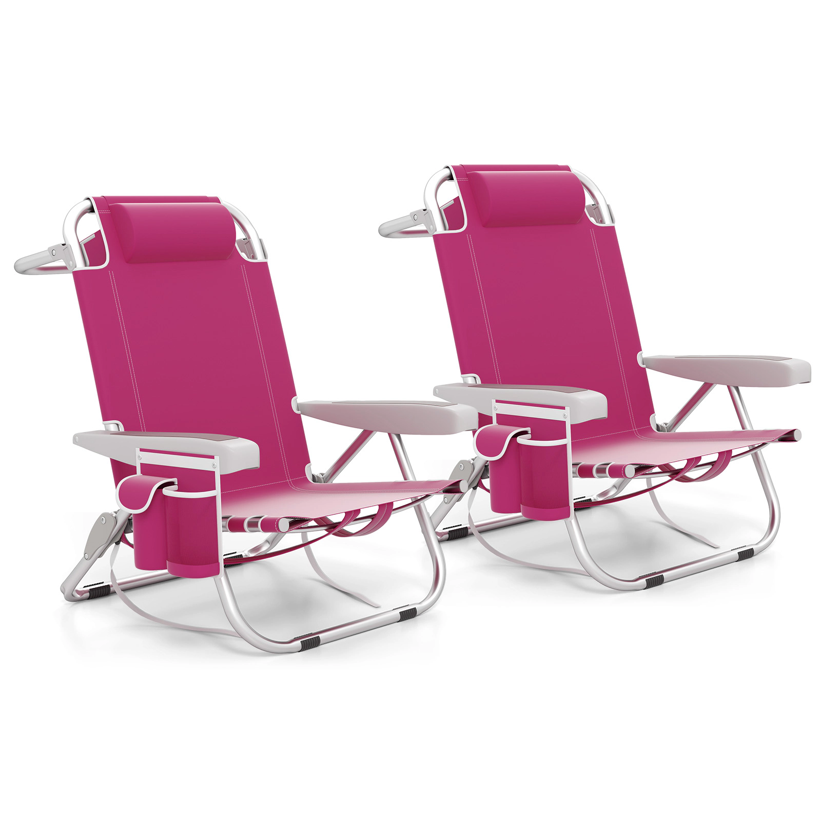 SUGIFT 5-Position Foldable Backpack Beach Chair with Cup Holder and Storage Pockets 330-lb Capacity Set of 2 Pink