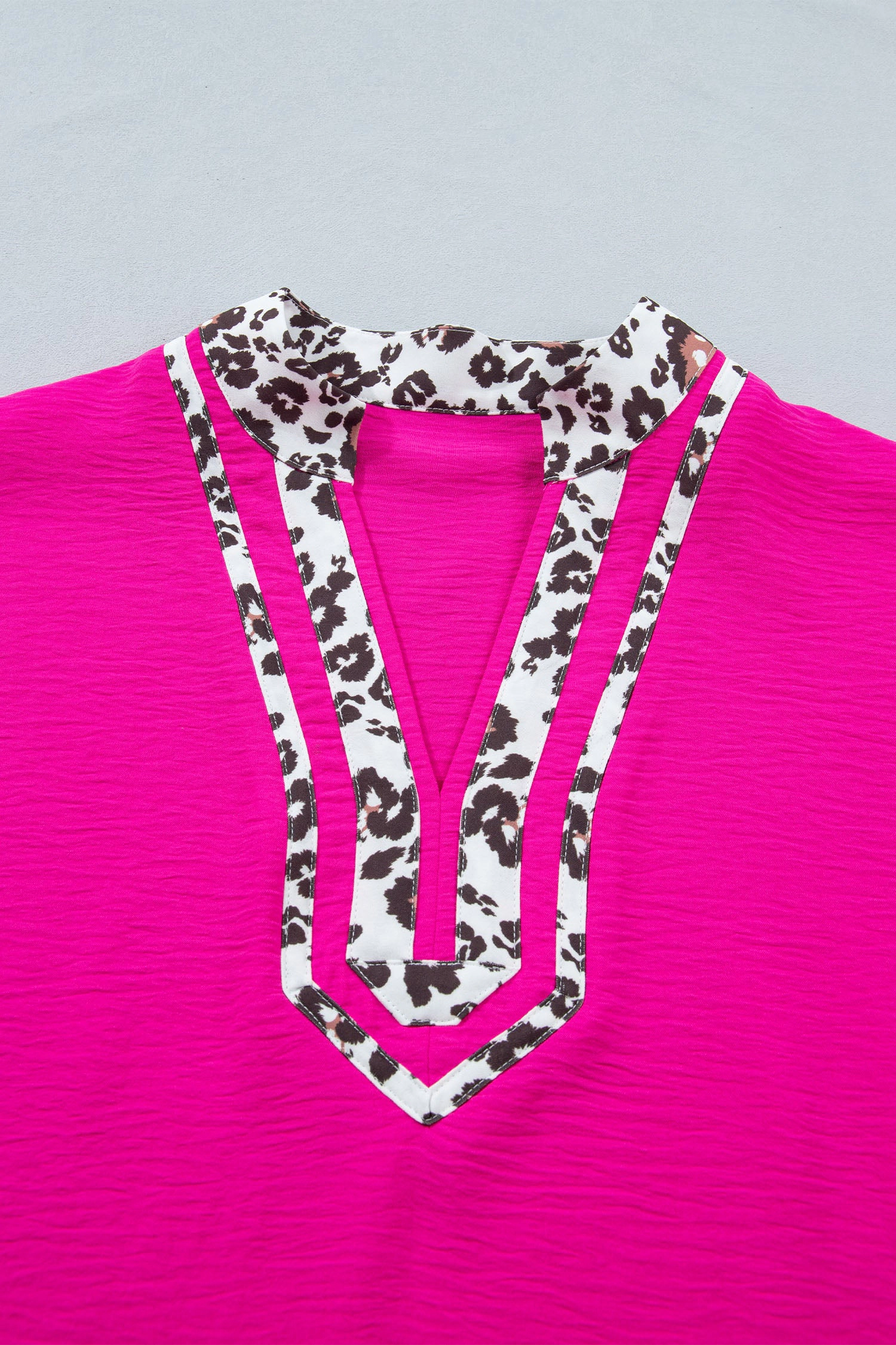 Threaded Pear Rose Red Leopard Accent Notched Neck Plus Short Sleeve Top