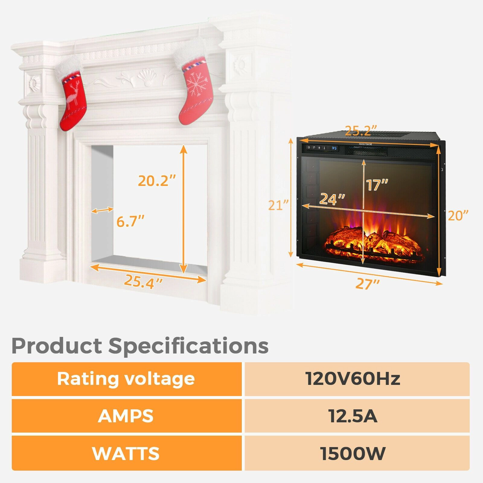 SlickBlue Black Tempered Glass Electric Fireplace Heater with Remote, 1500W Recessed Wall Mount