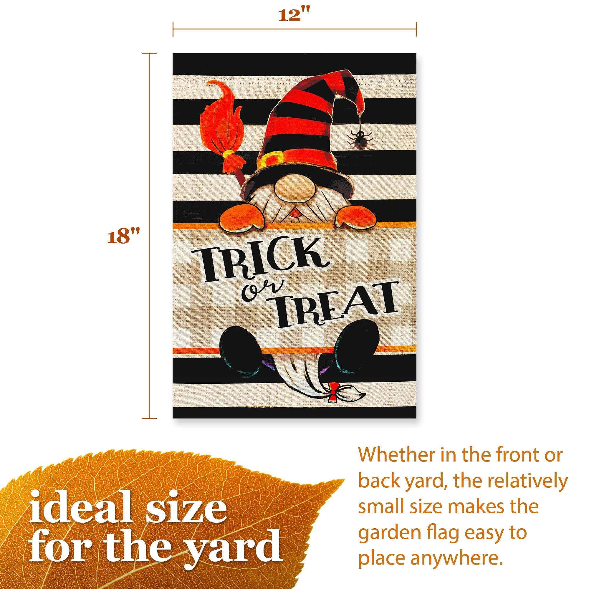 G128 Halloween Trick or Treat Gnome Garden Flag 12x18 Inch Double-Sided Outdoor Decoration