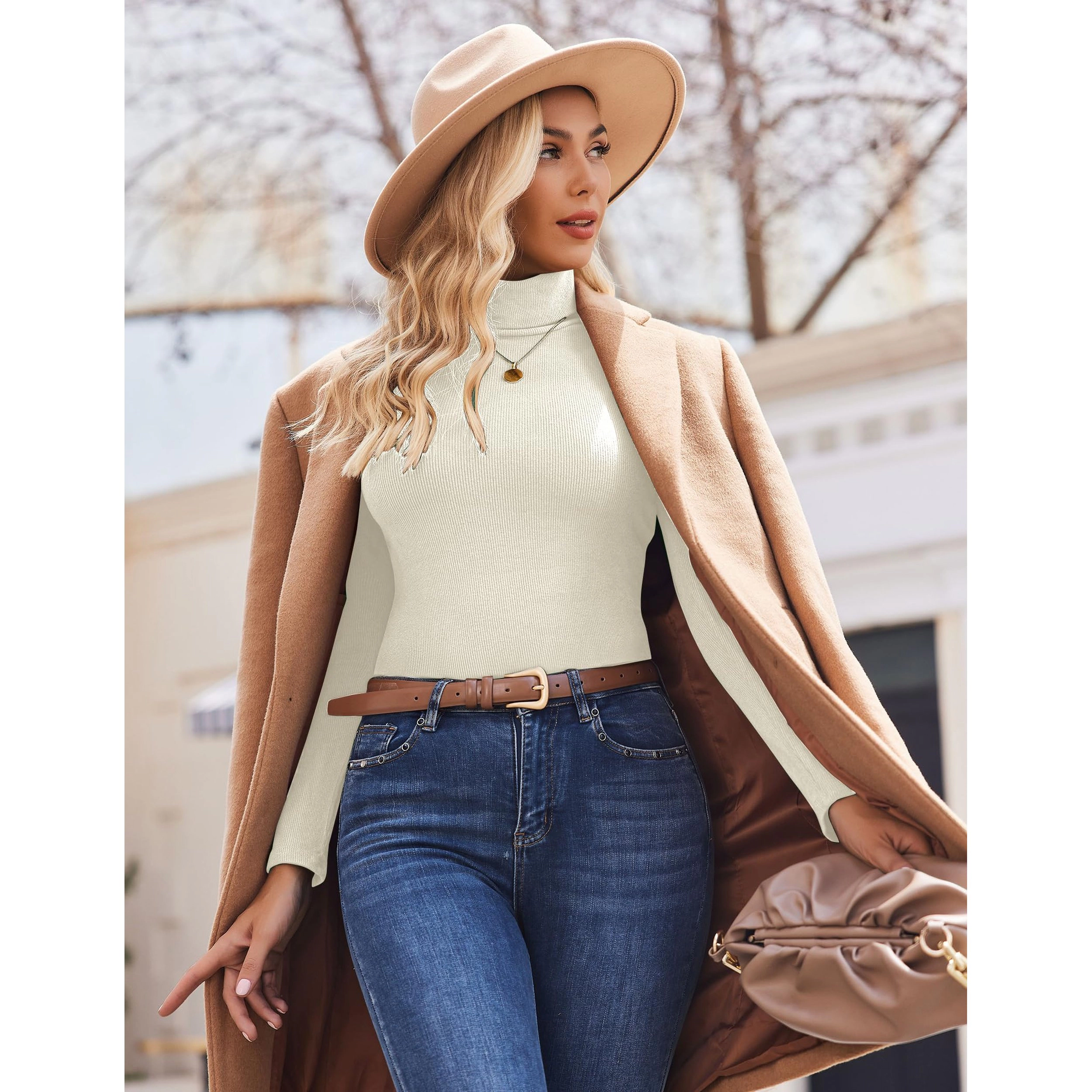 Ekouaer Womens Turtleneck Shirts Ribbed Sweater Long Sleeve Tops Midweight Thermal Underwear Blouse