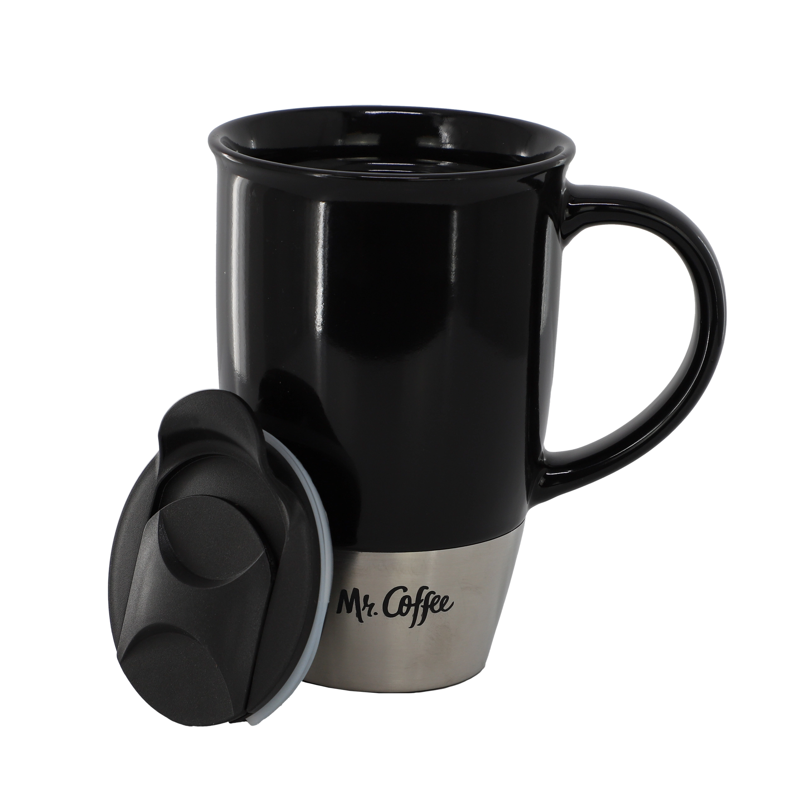 Mr. Coffee Coupleton 4 Piece 15 Ounce Stoneware Travel Mug Set in Black with Lid