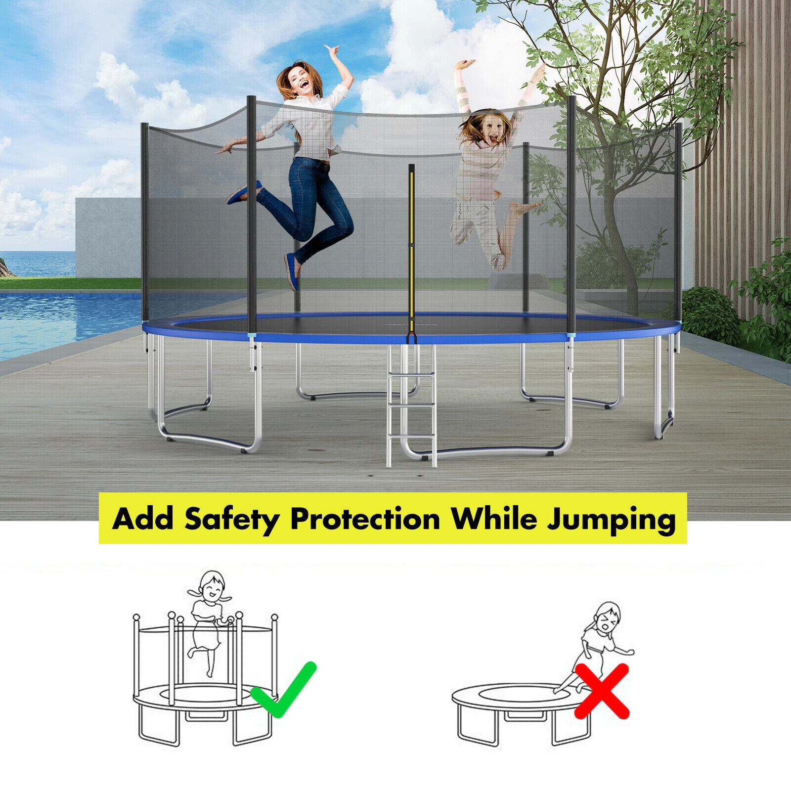 SUGIFT PE Mesh Trampoline Enclosure Net for 8-ft 10-ft 15-ft 16-ft Round Trampolines with 6 Straight Poles Black