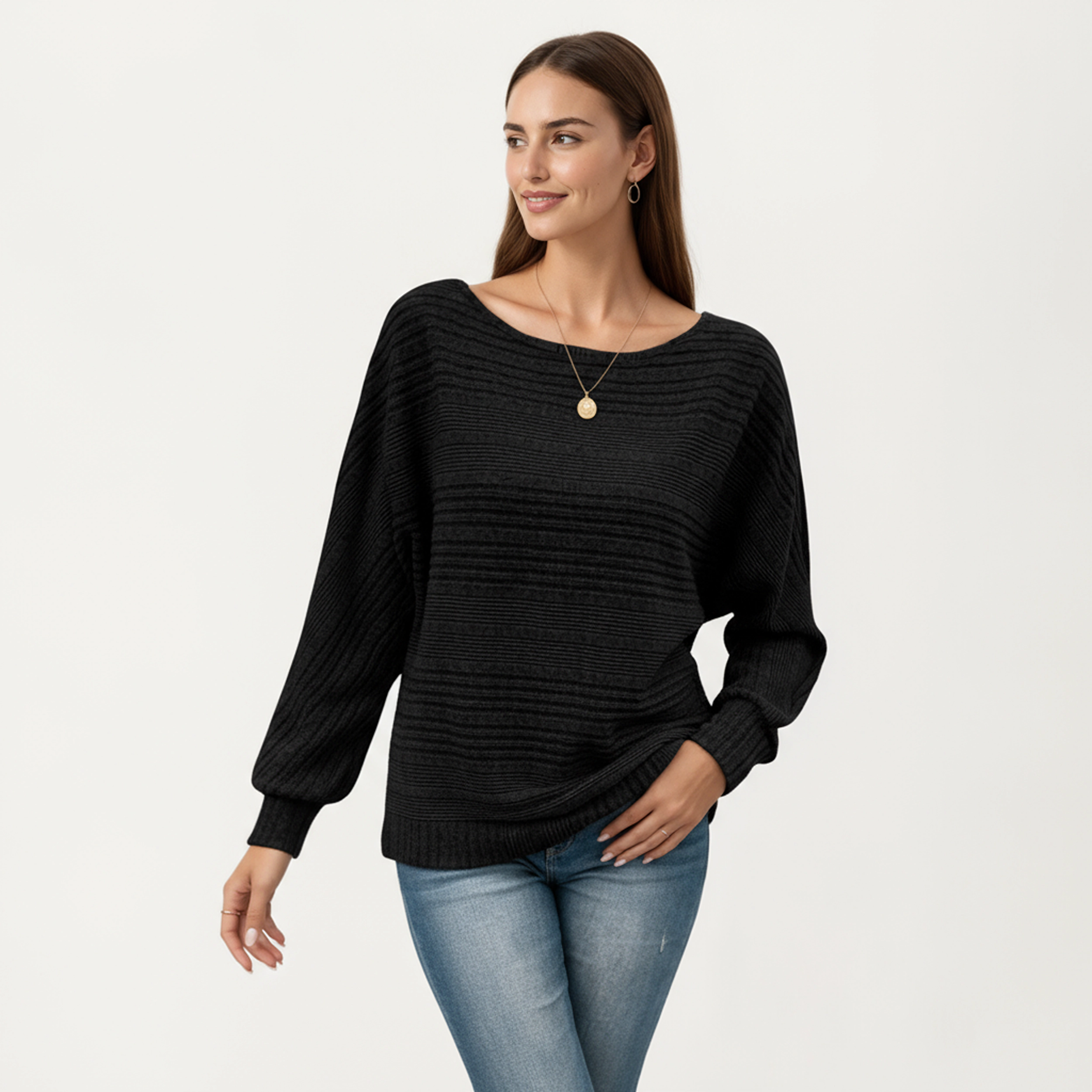 Anna-Kaci Women's Striped Boat Neck Relaxed Fit Long Sleeve Knit Sweater