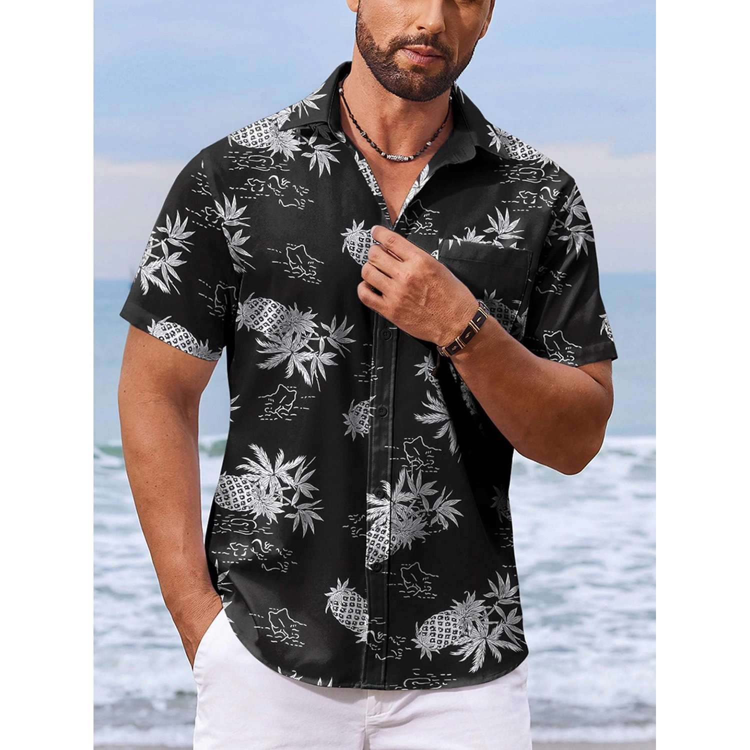 COOFANDY Mens Tropical Leaf Print Hawaiian Shirt Short Sleeve Button Down Beach Tops