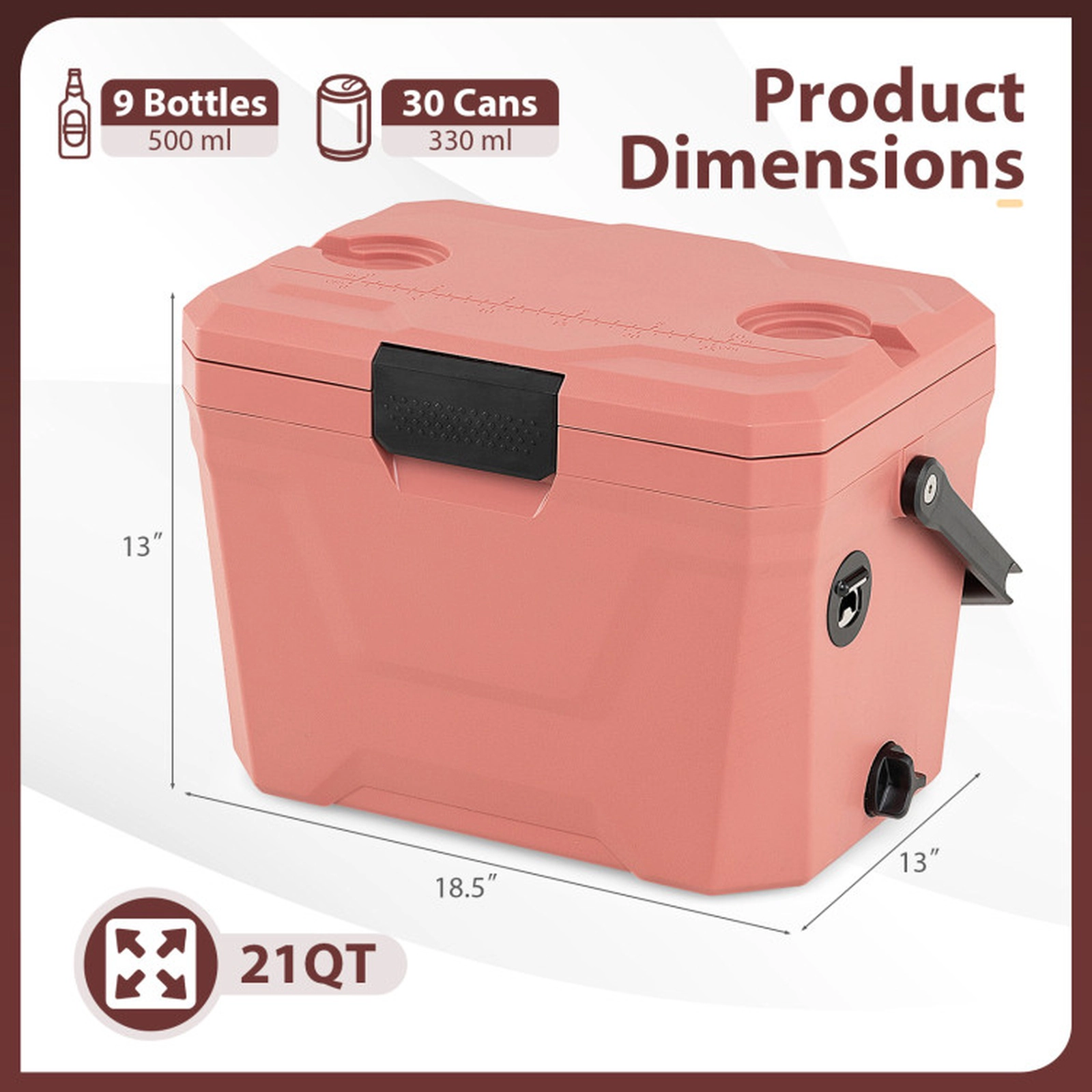 SUGIFT Triple-Layer Insulated Hard Shell Cooler Ice Chest 110-lb Capacity 21-Qt with 2 Cup Holders Pink