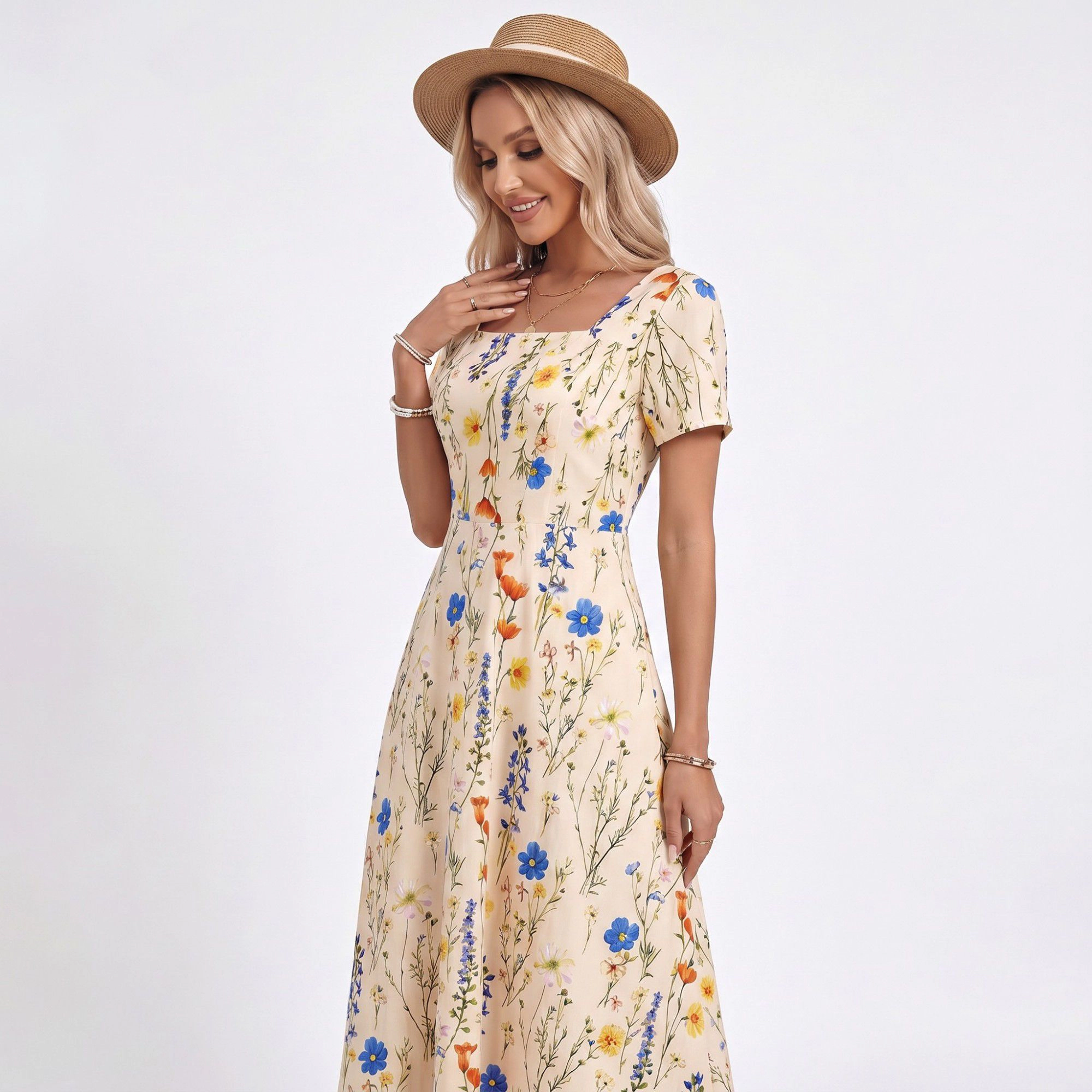 Anna-Kaci Women's Floral Square Neck Short Sleeve A-Line Button Front Maxi Dress