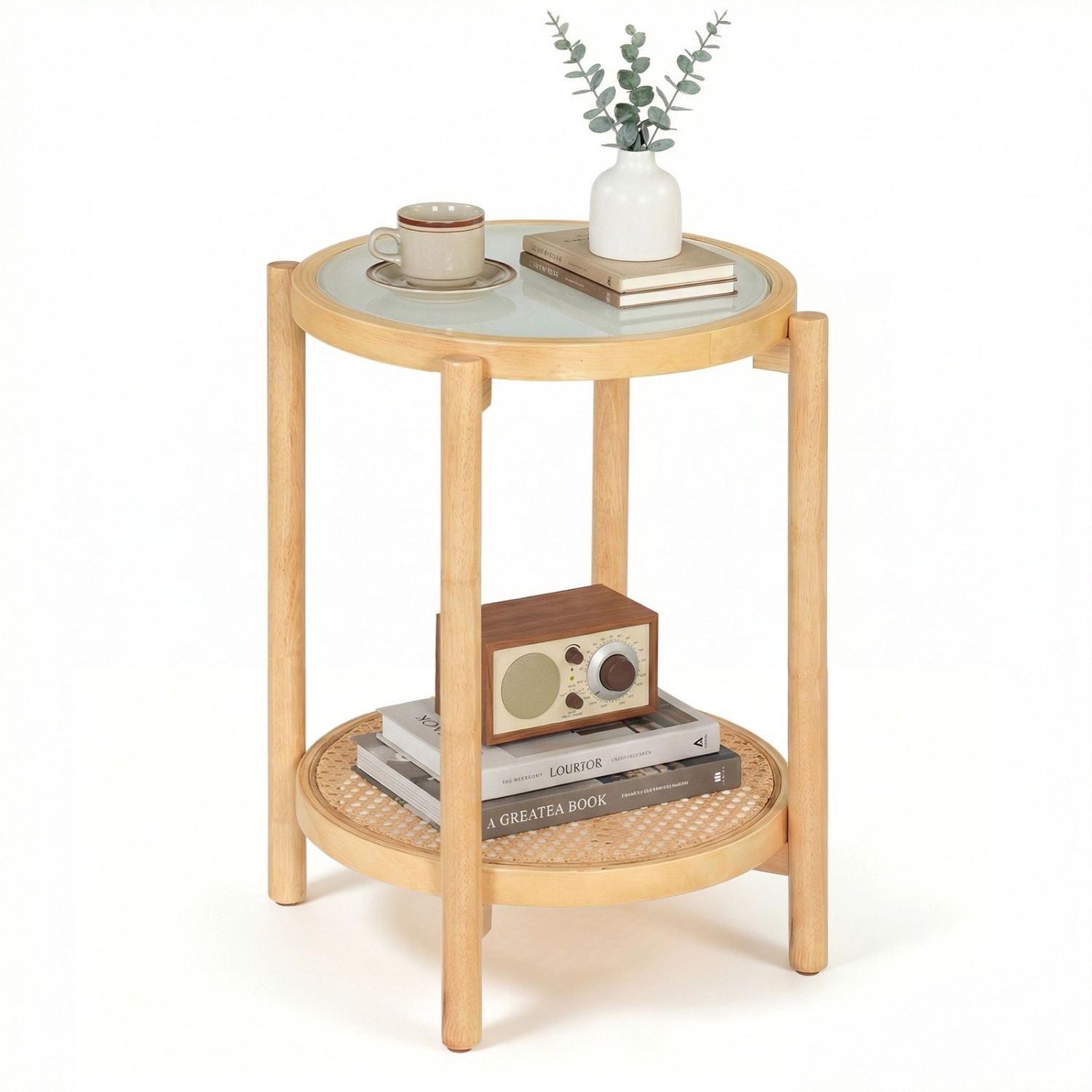 LJG Round Side Table 2-Tier Boho End with Tempered Glass Top