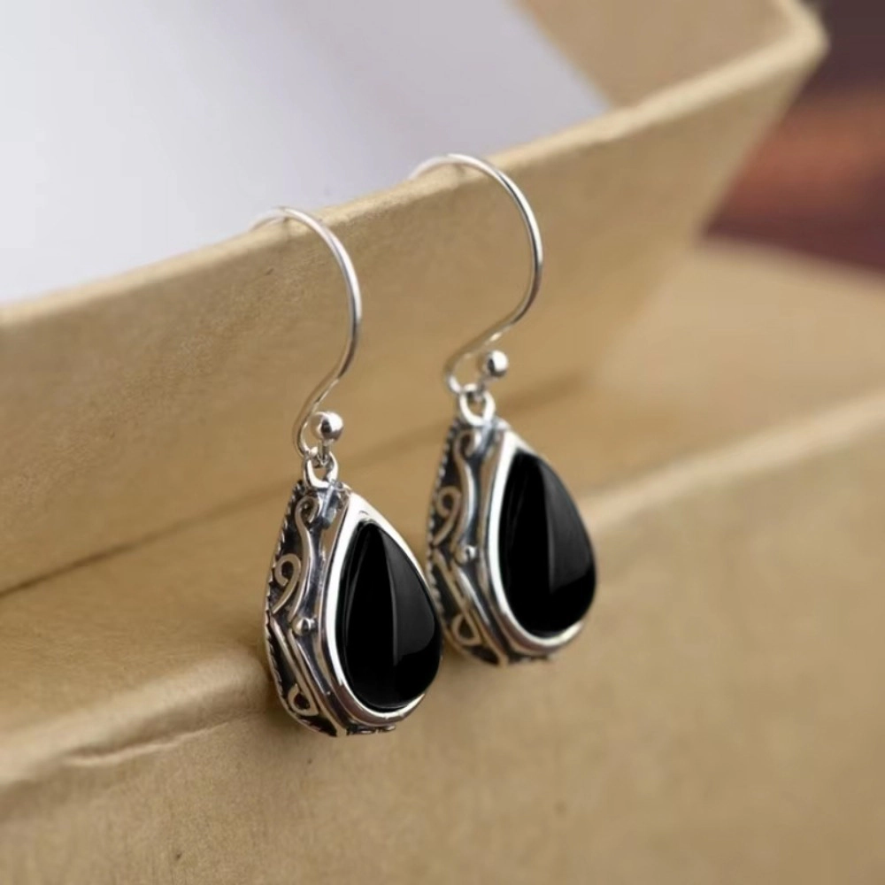 Wardrobe Whimsy Teardrop Cabochon Stone Dangle Earrings Vintage Silver Tone Hook for Women