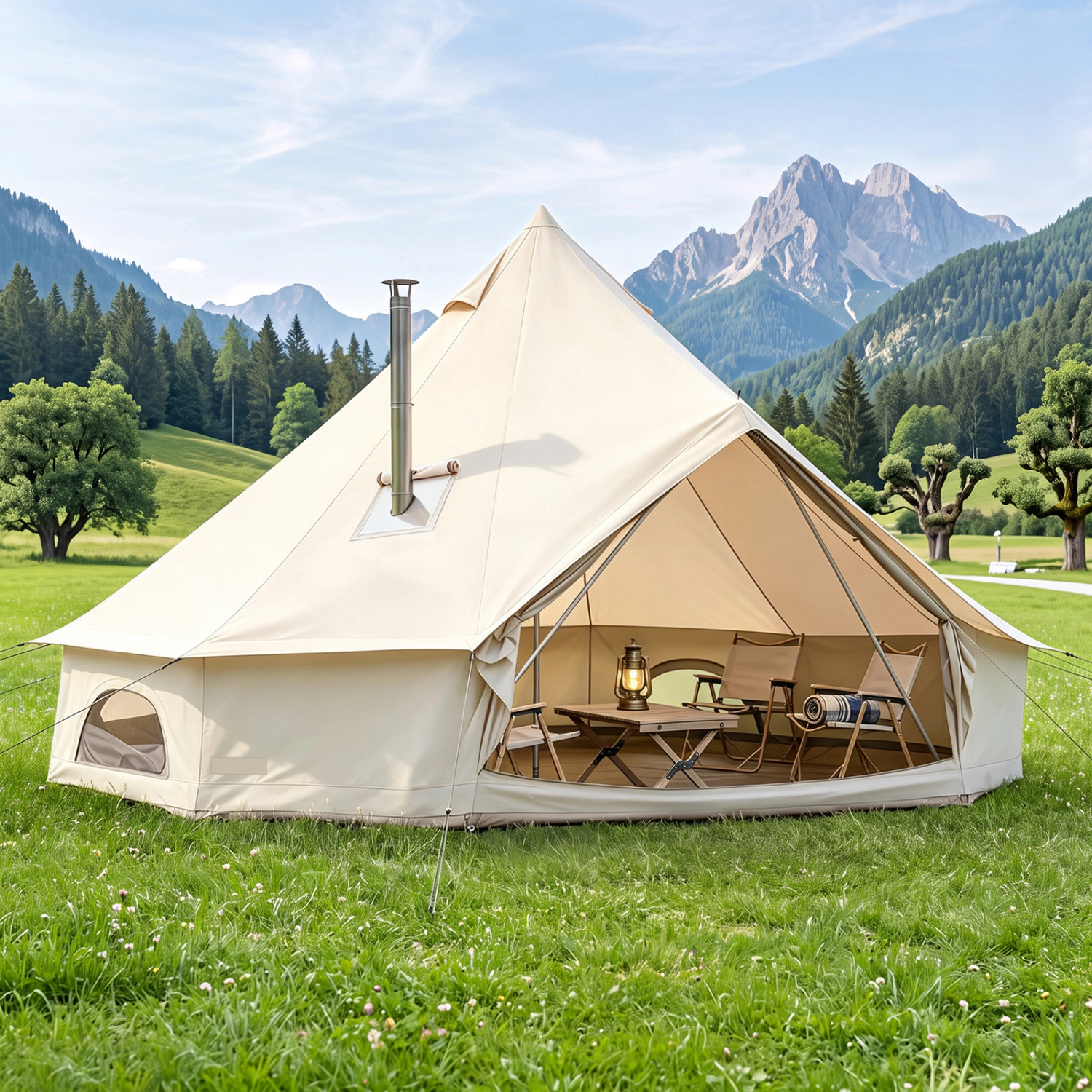 LJG Waterproof Bell Tent with Stove Jack Accommodates and Mesh Windows Doors