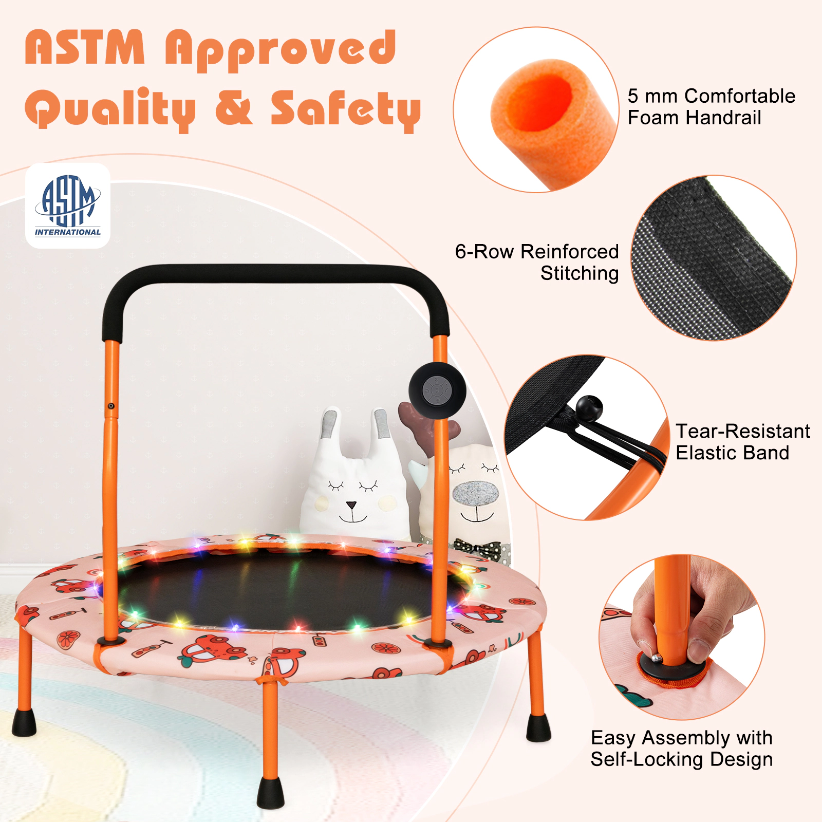 36-in Mini Trampoline Kids LED Lights Bluetooth Speaker 20 Bungee Cord Silent Bounce Foam Handle Orange Rebounder