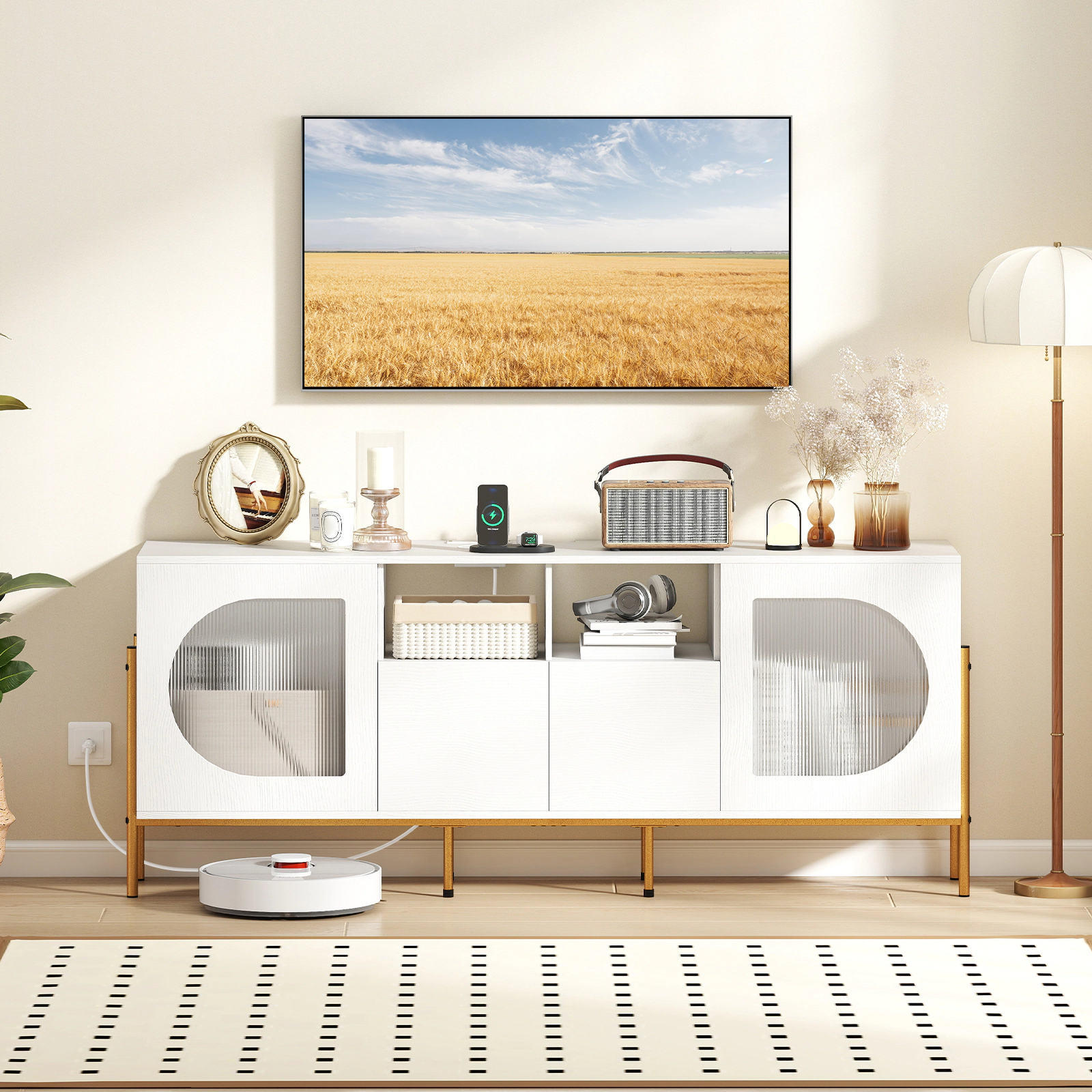 LJG TV Stand for 70 Inch TV with Power Outlets Drawers and Open Shelves