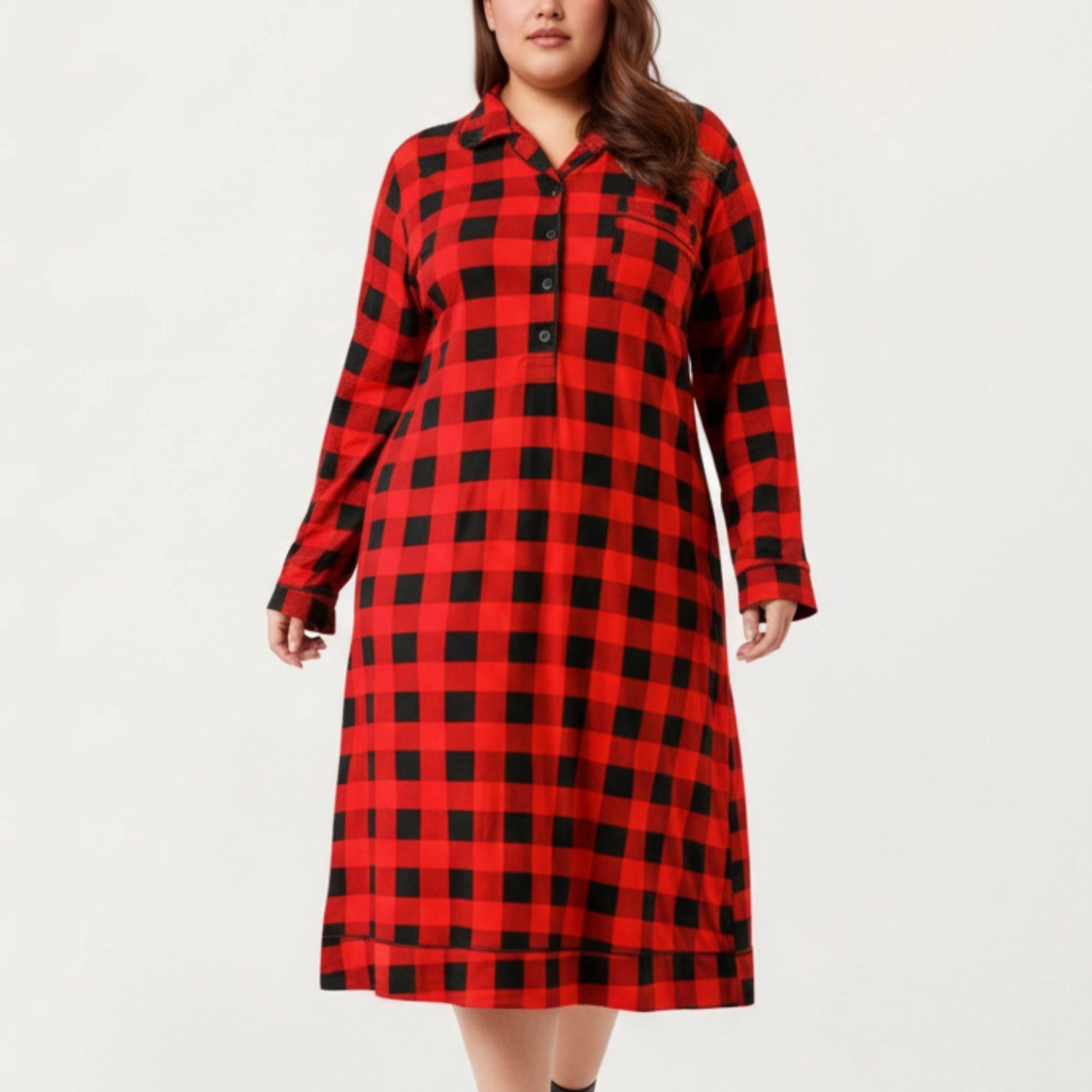Anna-Kaci Women's Plaid Long Sleeve Midi Sleep Shirt Brushed Texture Button Front and Relaxed Loose-Fit Silhouette