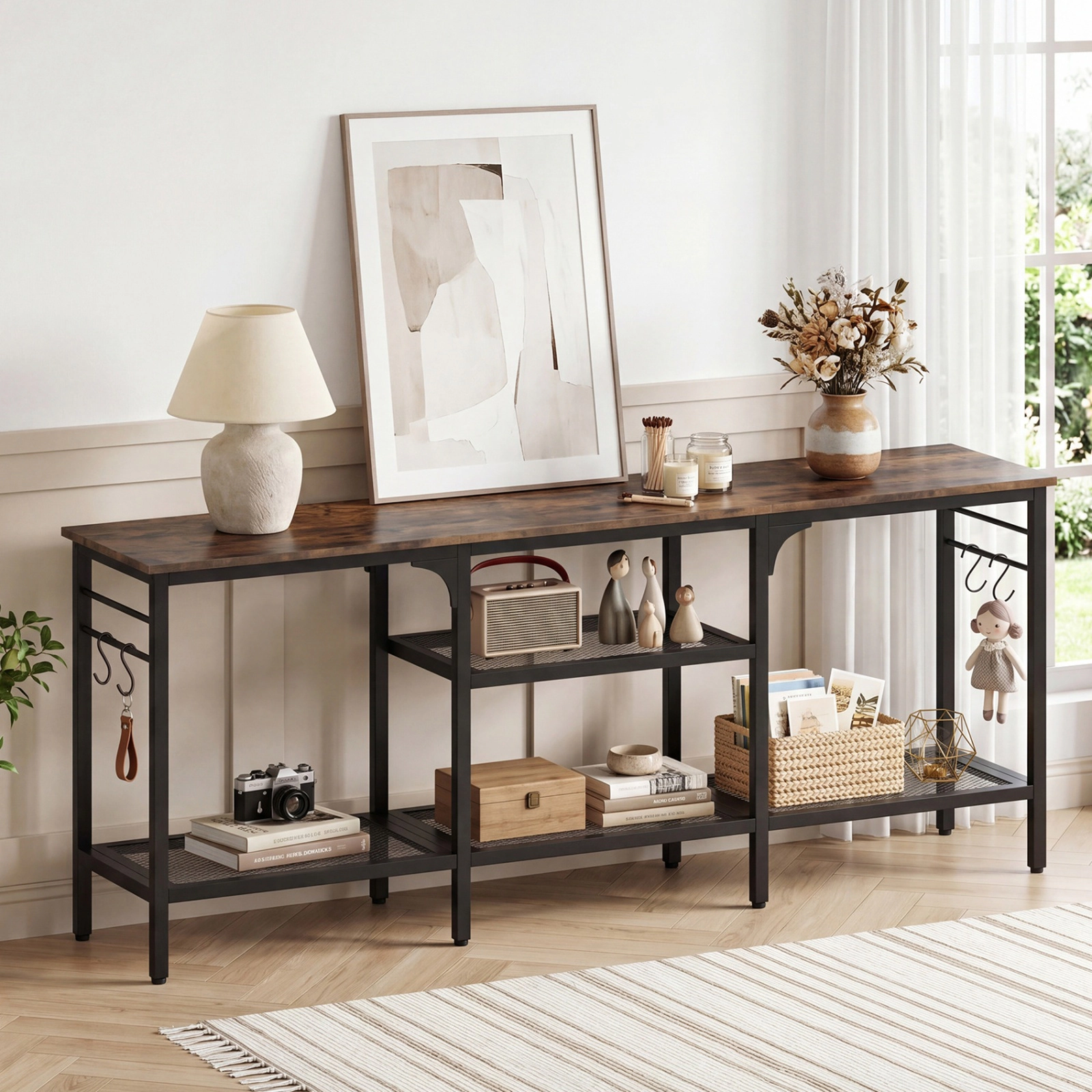 SUGIFT 55 in TV Stand Rustic Brown and Black with 3-Tier Mesh Shelves and 4 Hooks