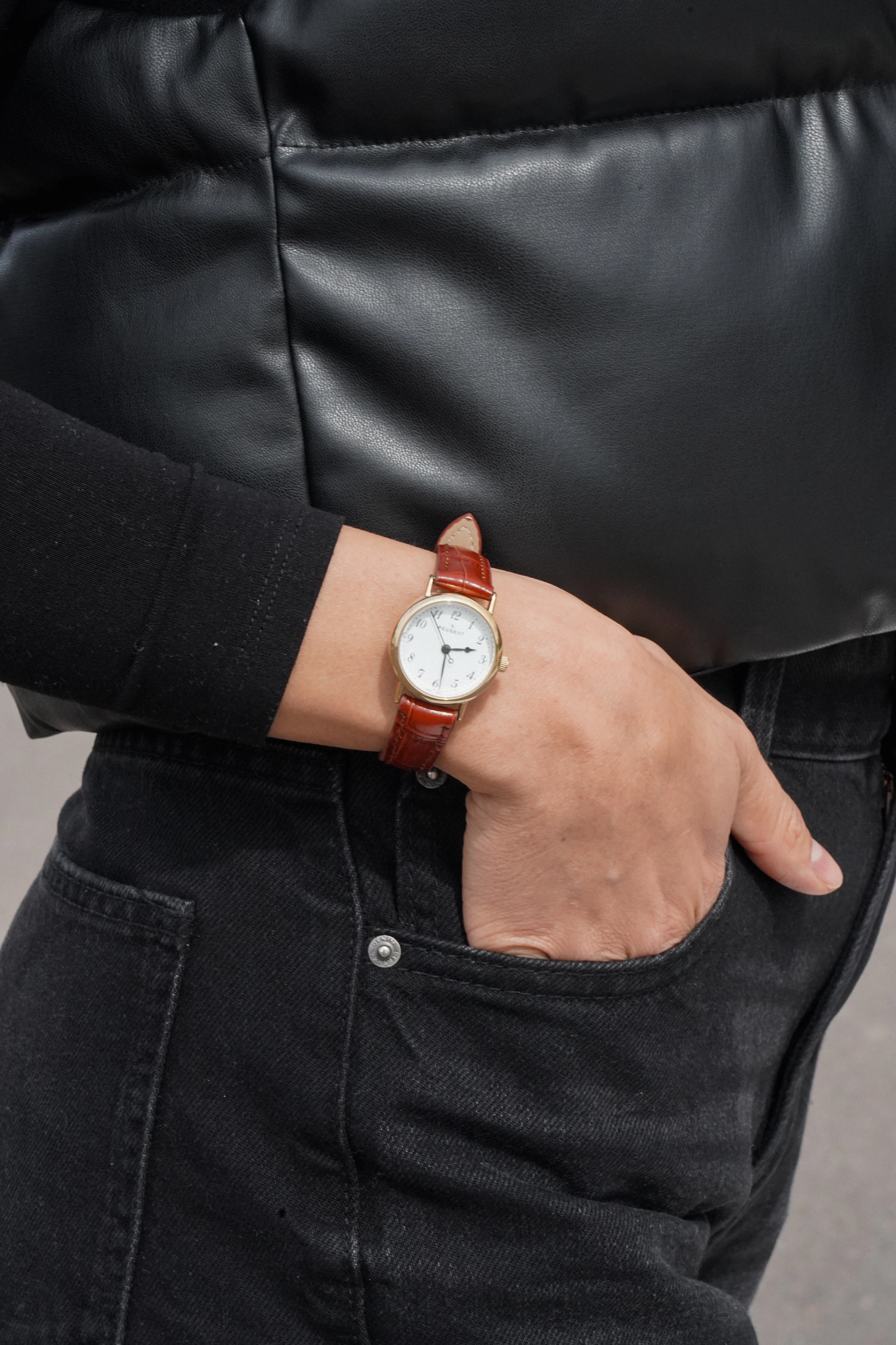 Peugeot Womens Small Face Easy Read Minimalist Brown Leather Strap Watch