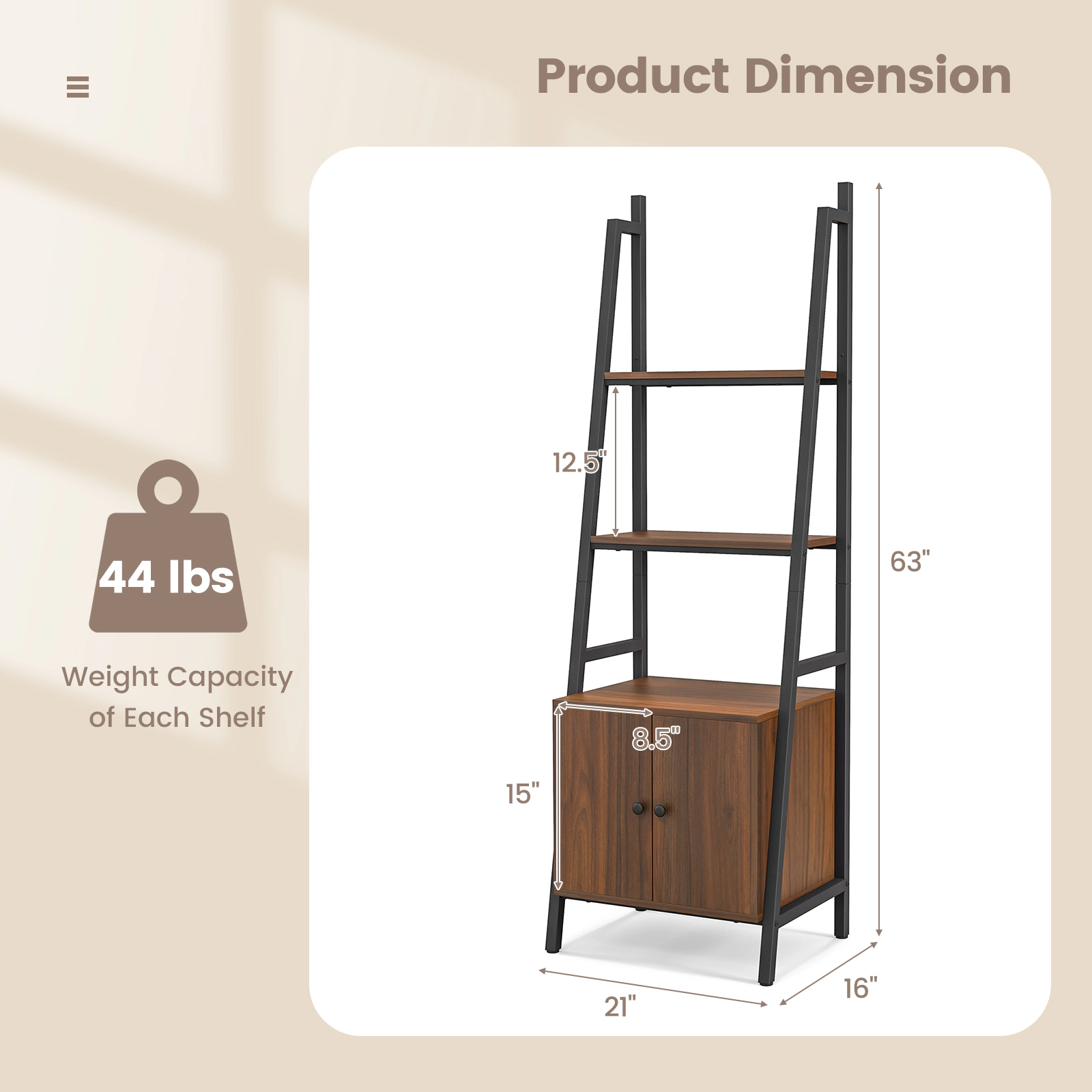 SUGIFT 4-Tier Rustic Brown 63-in Ladder Shelf Bookshelf with Storage Cabinet Metal Frame and 44-lb Shelves