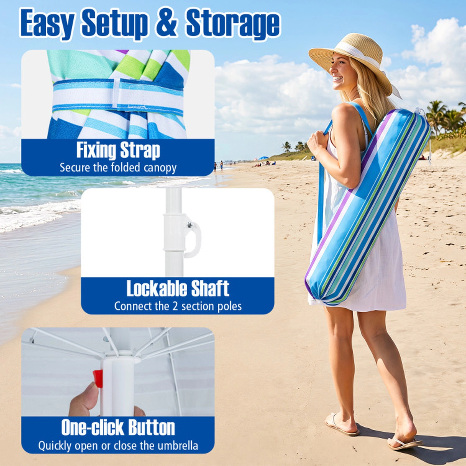 SUGIFT UPF 50+ 6.5-ft Beach Umbrella with Sand Anchor, Tilt Function, Cup Holders and Carrying Bag 4-Piece Set Blue