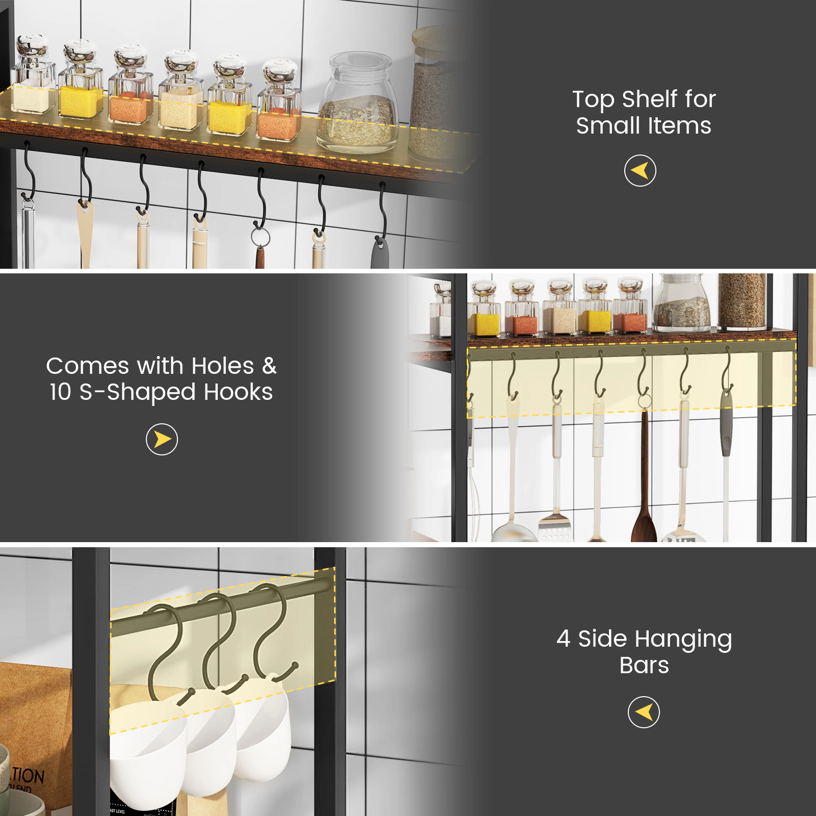 SUGIFT 5-Tier Bakers Rack Rustic Brown with Power Outlets and 10 S-Shaped Hooks