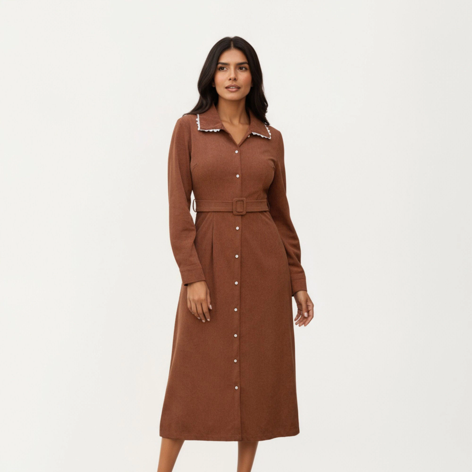 Anna-Kaci Women's Long Sleeve Button Front Belted Waist Trimmed Collar Midi Dress