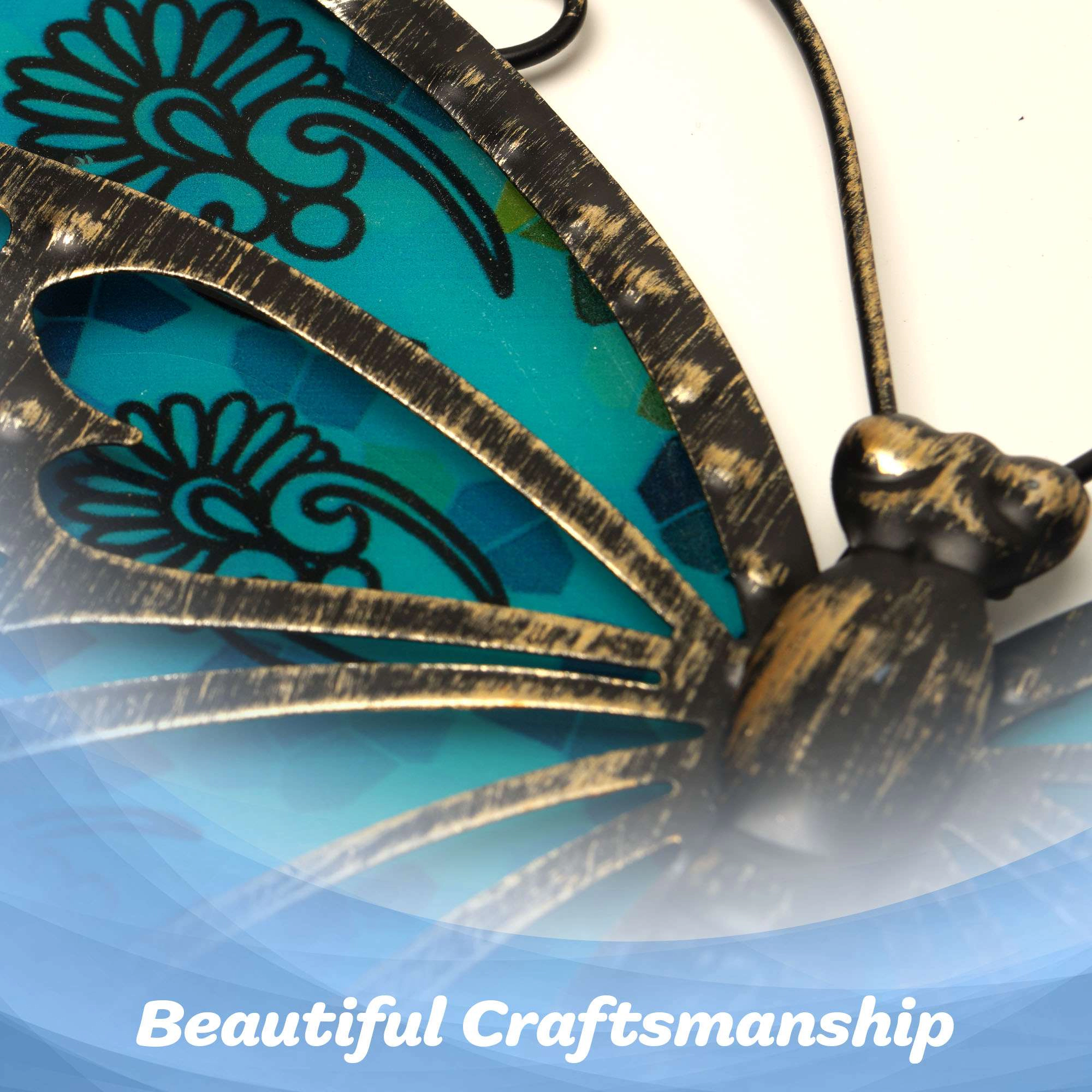 G128 Hand-Painted Iron Butterfly Wall Art - Black and Green 12 x 9 in, Indoor Outdoor Hanging Decor