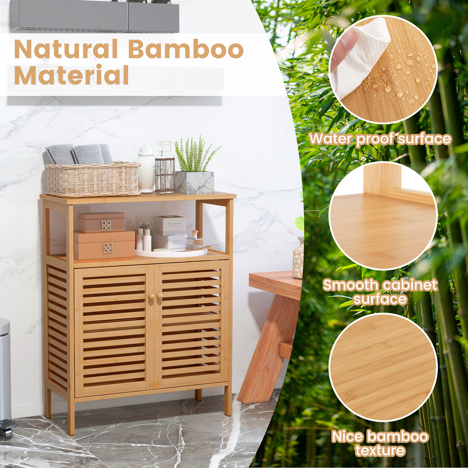 Slickblue Bathroom Storage Cabinet Wicker MDF Open Shelves 2-Door Entryway Laundry