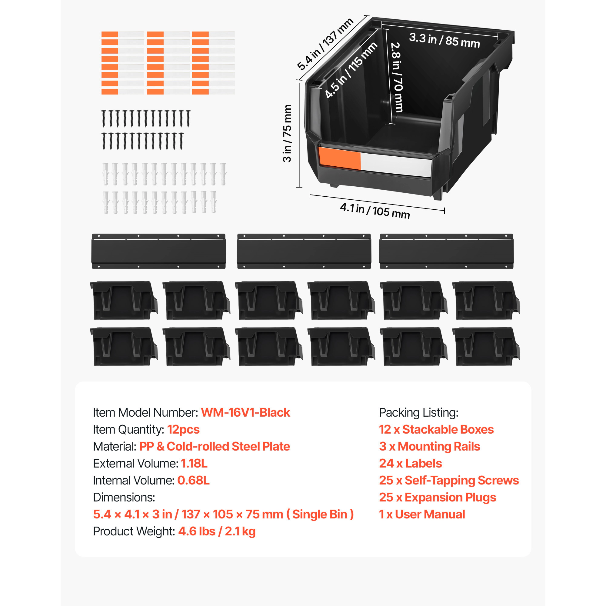 HONGGE Wall Mounted Storage Bins 12 Plastic Bins & 3 Metal Rails Plastic Hanging Stackable Storage Bin for Screws Nuts