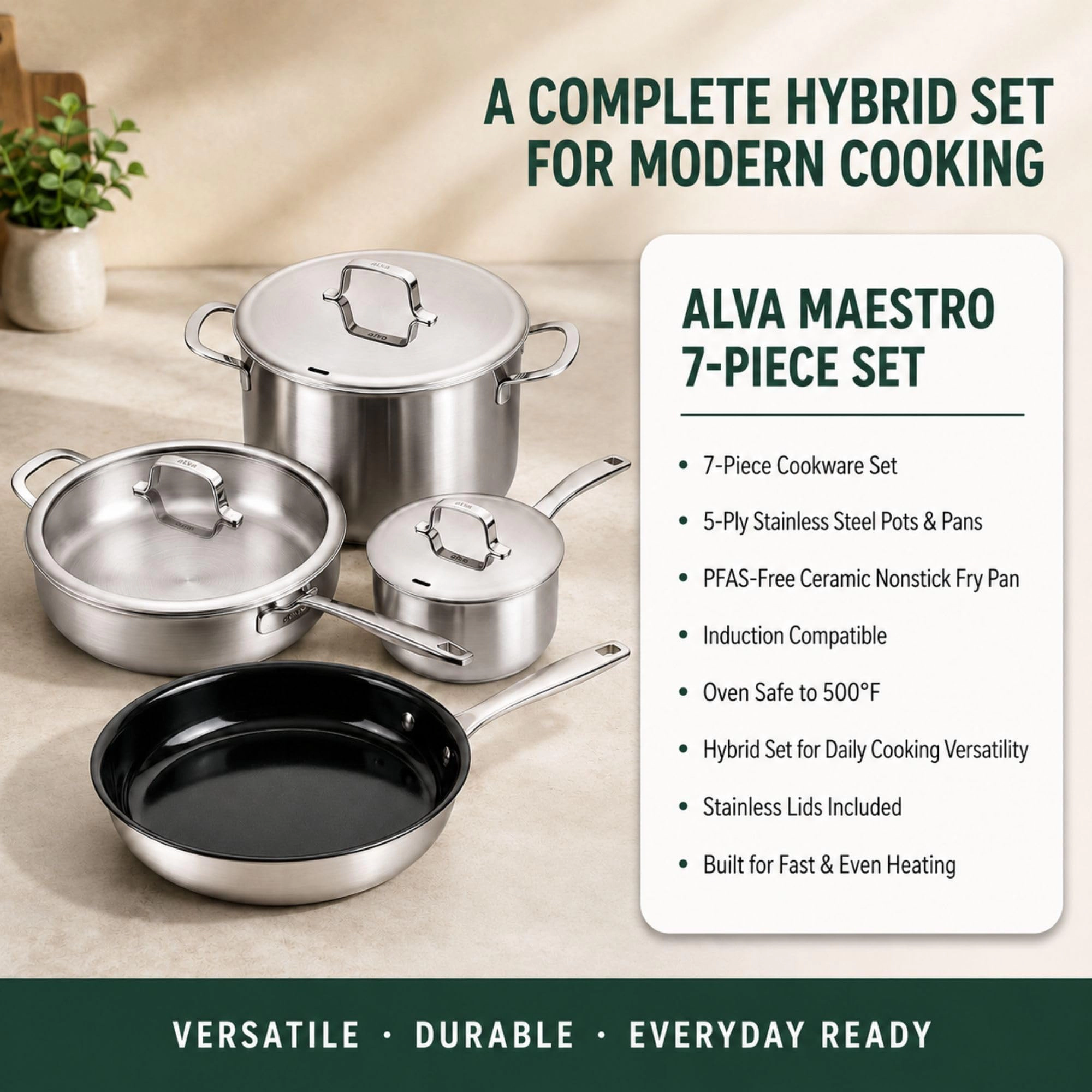 Alva Maestro 7-Piece 5-Ply Stainless Steel Cookware Set, PFAS-Free, Induction Safe