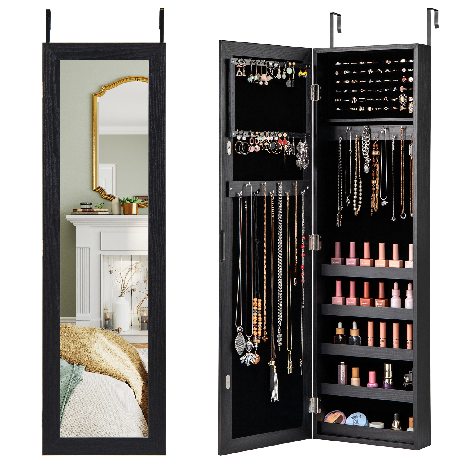 LJG Jewelry Cabinet Wall or Door Mounted Jewelry Armoire with Full-Length Mirror